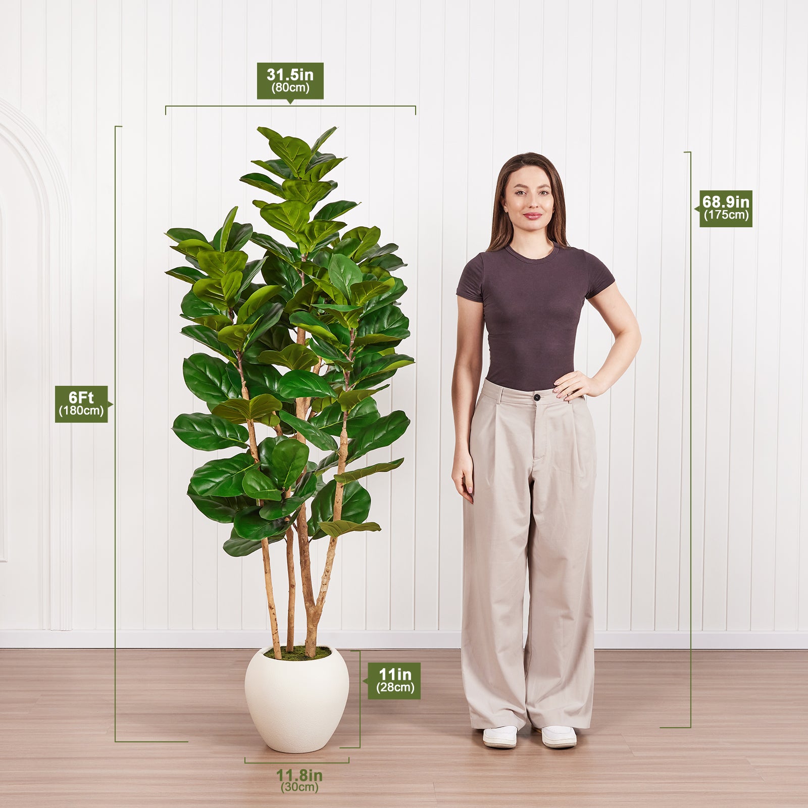 VeriNatural 6/7/8FT Artificial Fiddle Leaf Fig Tree with White Planter – Tall Faux Tree with 4 Real Wood Trunks & Real Moss, Indoor Decorative Plant for Home, Living Room & Office Decor (VN244)