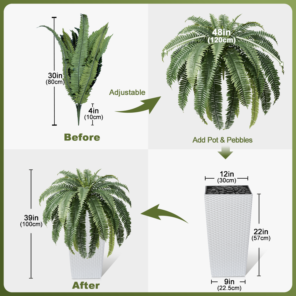 VeriNatural 33/39 Fronds Artificial Boston Fern Bush with Black Taper Planter for Indoor & Outdoor (1/2-Pack)(VN153)