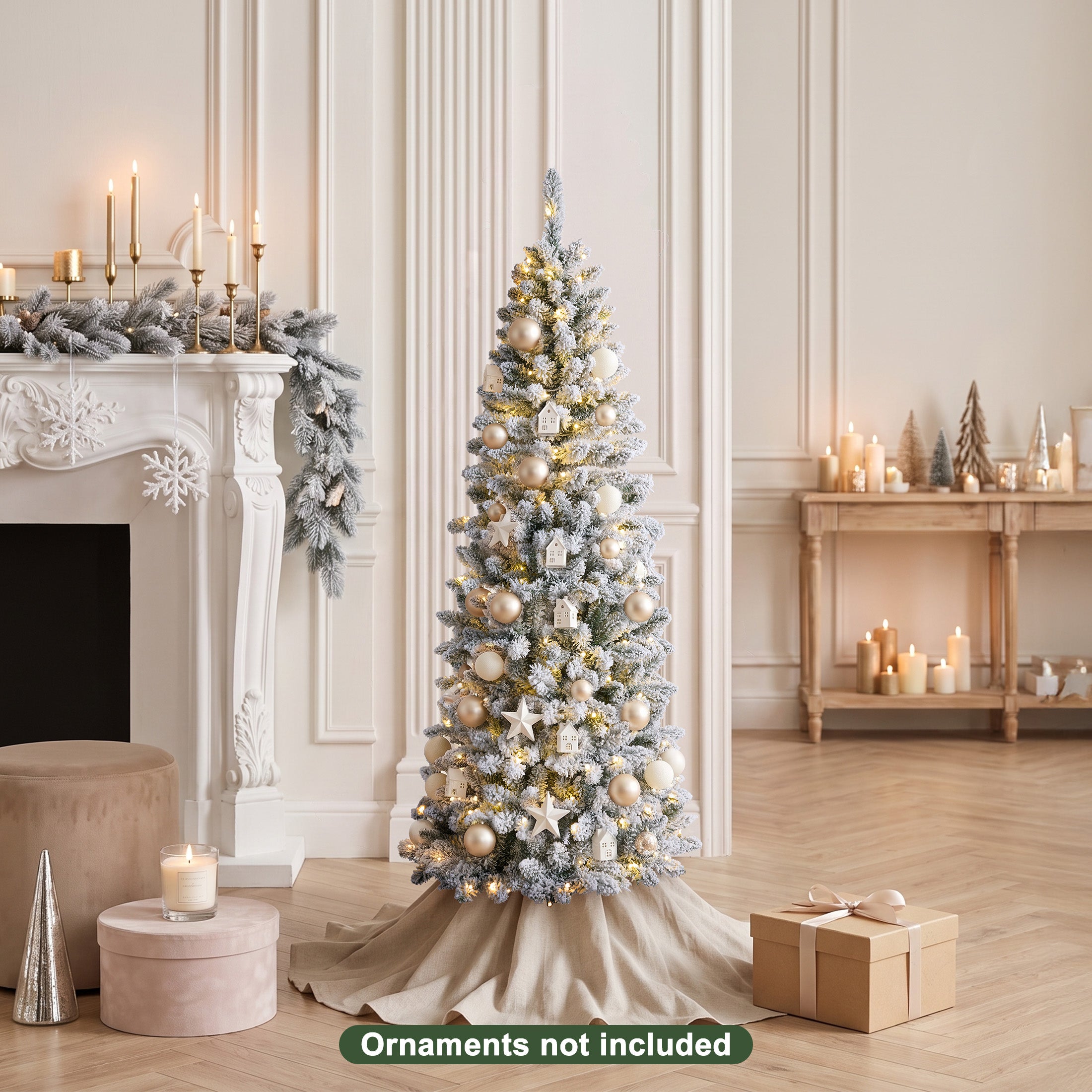 VeriNatural 6ft Prelit Snow Flocked Slim Christmas Tree - Pencil Artificial Tree with 250 Dual Color LED Lights, 9 Modes and 720 Adjustable Branches for Apartments, Living Rooms