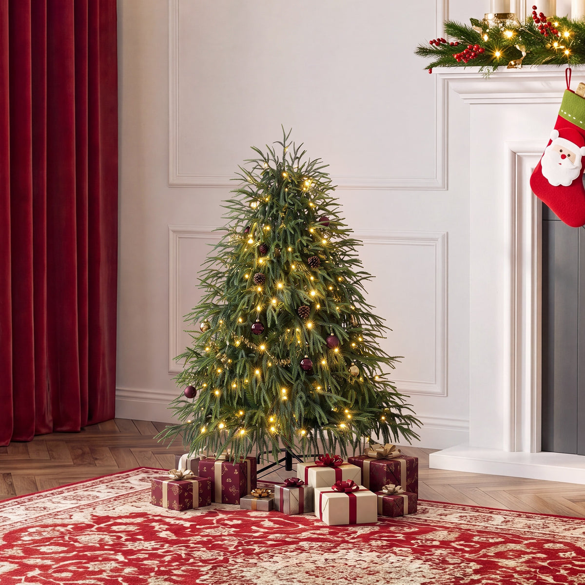 VeriNatural 4.4/6/7.4FT Pre-Lit Artificial Christmas Tree, Realistic Pine Tree with Warm White LED Lights, Lifelike PE Branches, Easy Setup Holiday Tree for Home, Office & Indoor Christmas Decoration