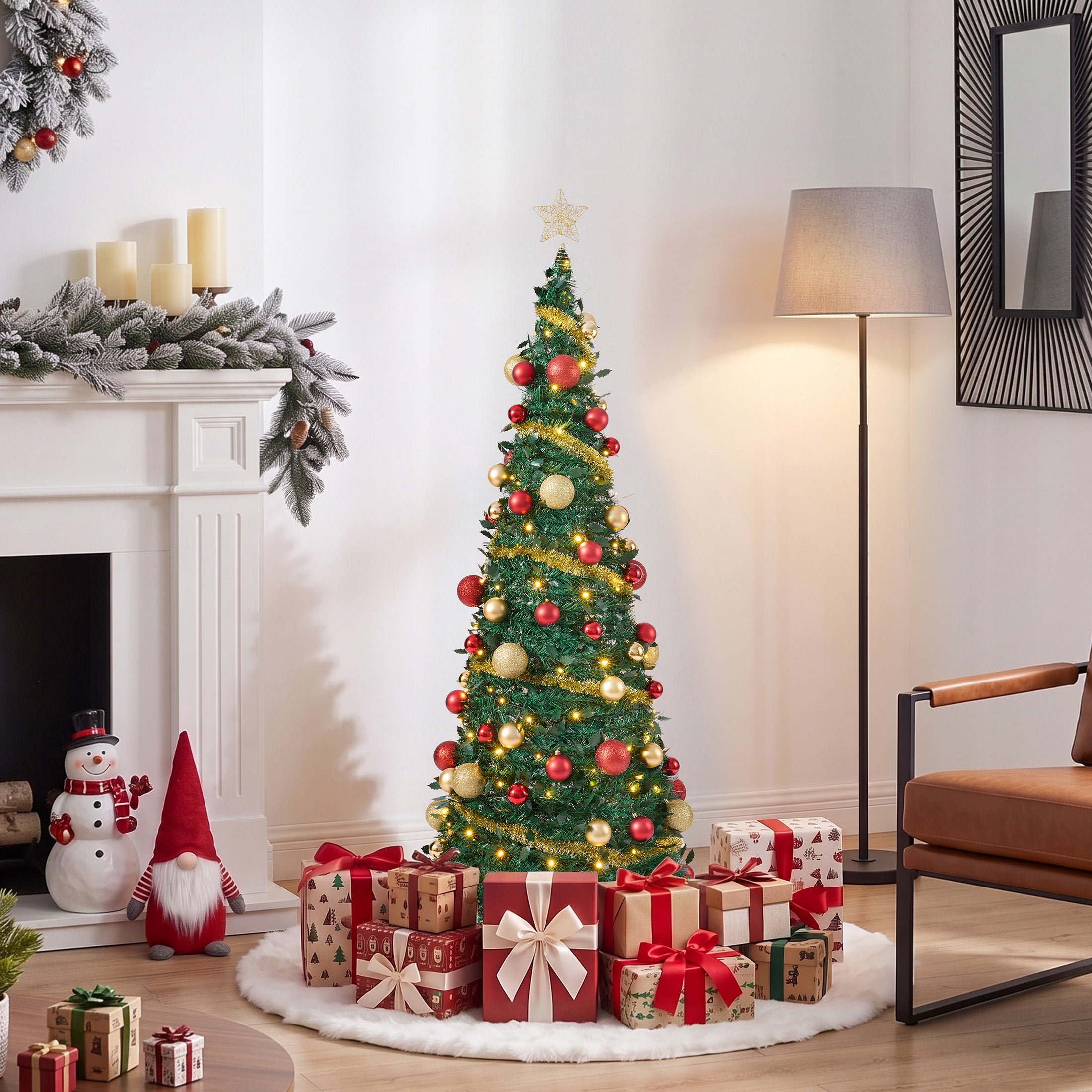 VeriNatural 6FT Pop Up Christmas Tree with 150 Warm White LED Lights & 90 Red Gold Ornaments, Pre-Lit Collapsible Artificial Xmas Tree for Easy Holiday Setup