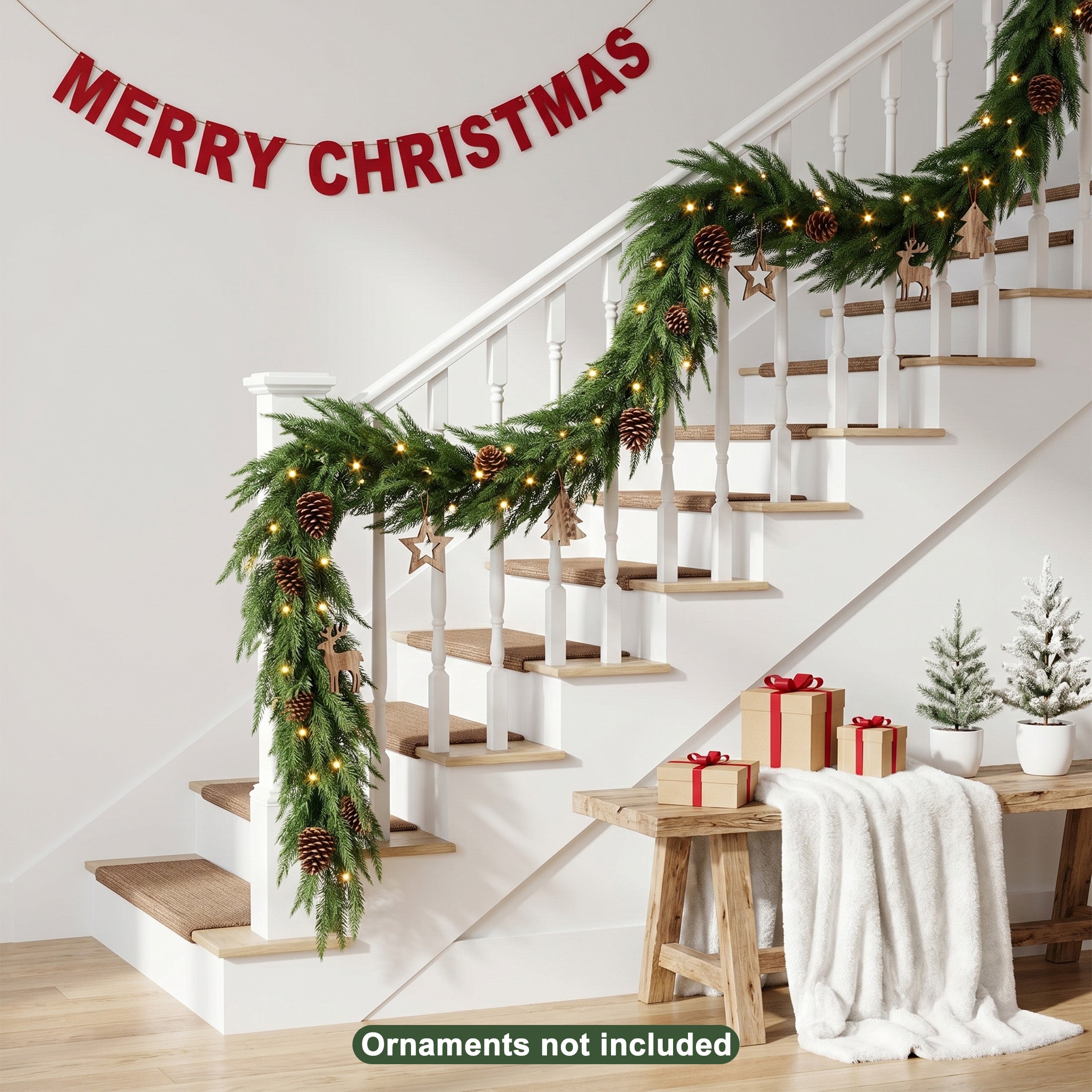 VeriNatural 2-Pack 6FT Artificial Norfolk Pine Foliage Spray – Pre Lighted (50 LEDs) / Unlit Version Available, DIY Christmas Tree Filler & Vase Filler Slim Greenery Stem