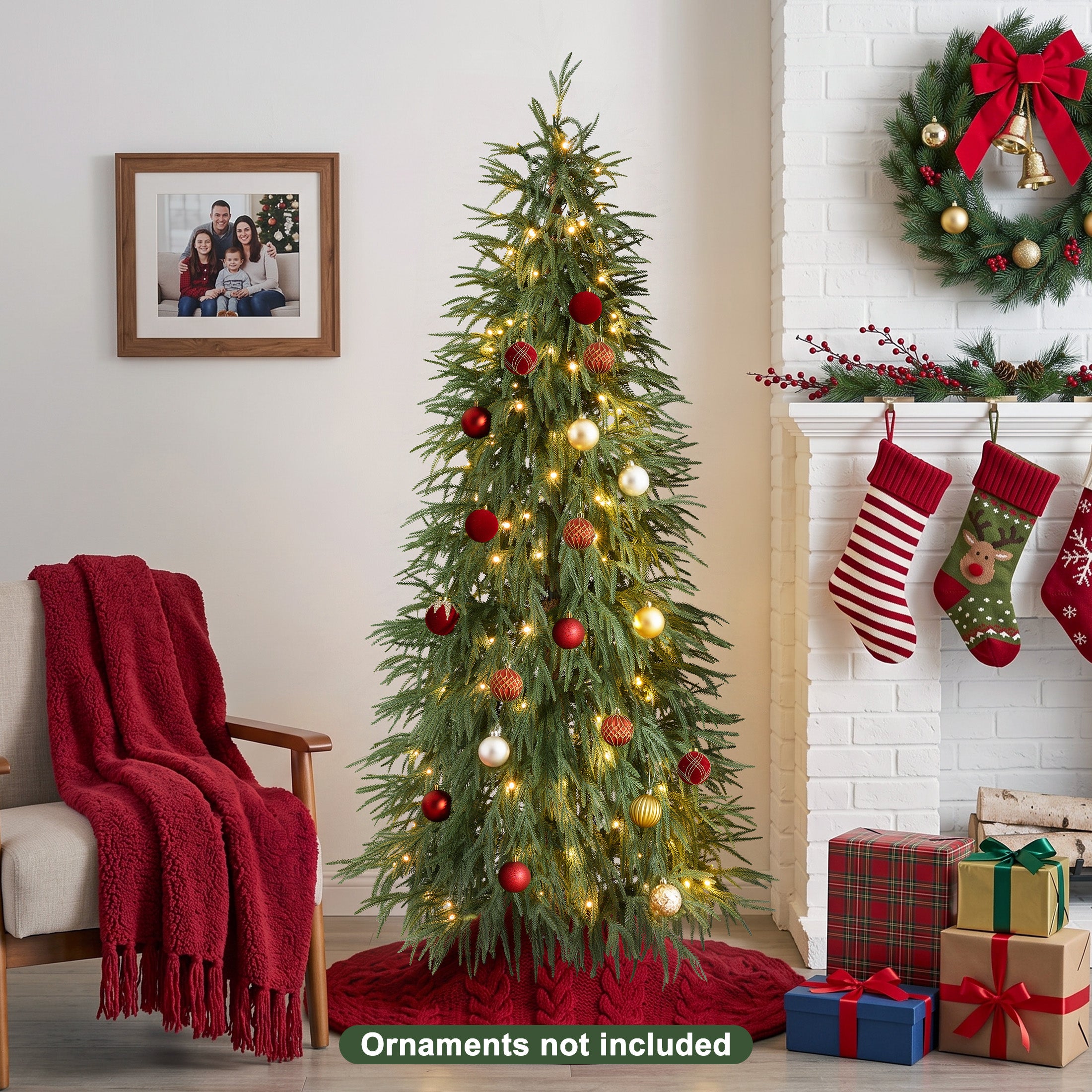 VeriNatural 5/6/7FT Pre-Lit Norfolk Pine Christmas Tree, Artificial Slim Christmas Tree with 100/150/220 Warm White LEDs, 3 Lighting Modes, Adjustable PE Branches, Space-Saving Holiday Decor for Apartment, Home & Office