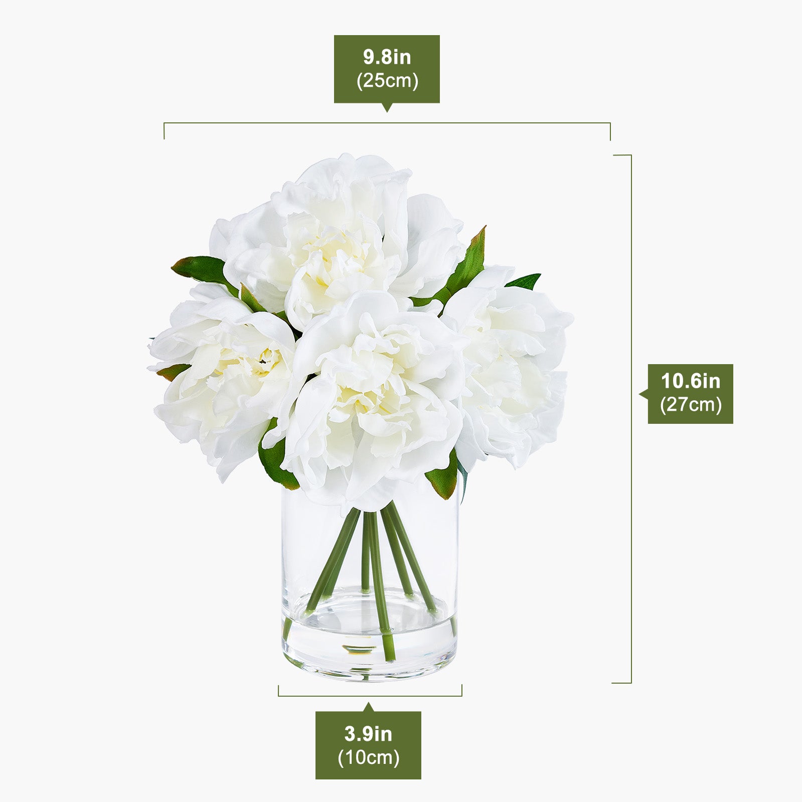 VeriNatural Pink or White Peony Bouquet – 6 Stems, 6 Realistic Blooms in Cylinder Vase with Faux Water, 10.6" Tall Home & Office Decor