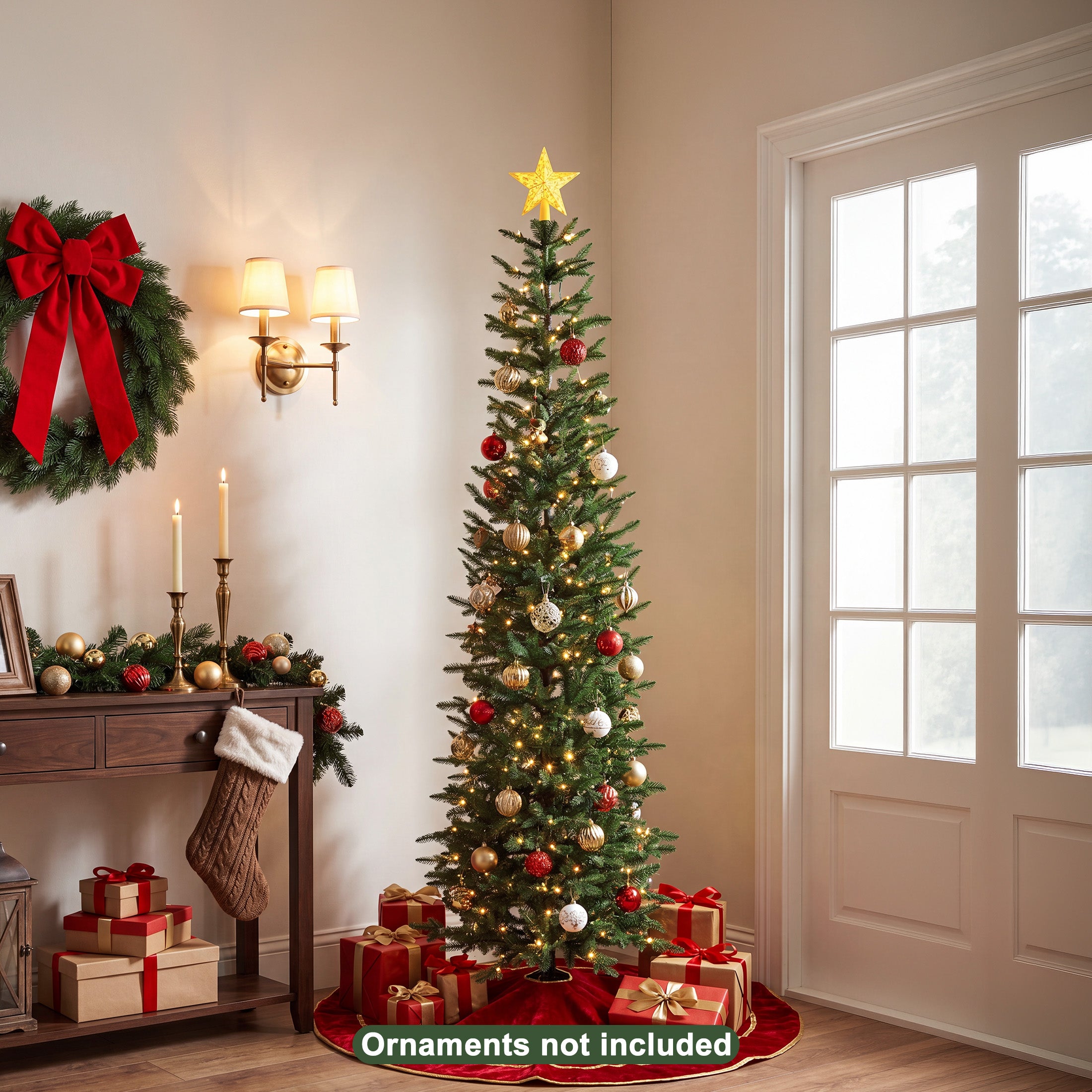 VeriNatural 5/6/7FT Pencil Christmas Tree, Slim Artificial Christmas Tree with Realistic PE Branch Tips, Available Pre-Lit or Unlit, Metal Stand, Indoor Holiday Decoration for Apartment, Entryway, Corner & Office