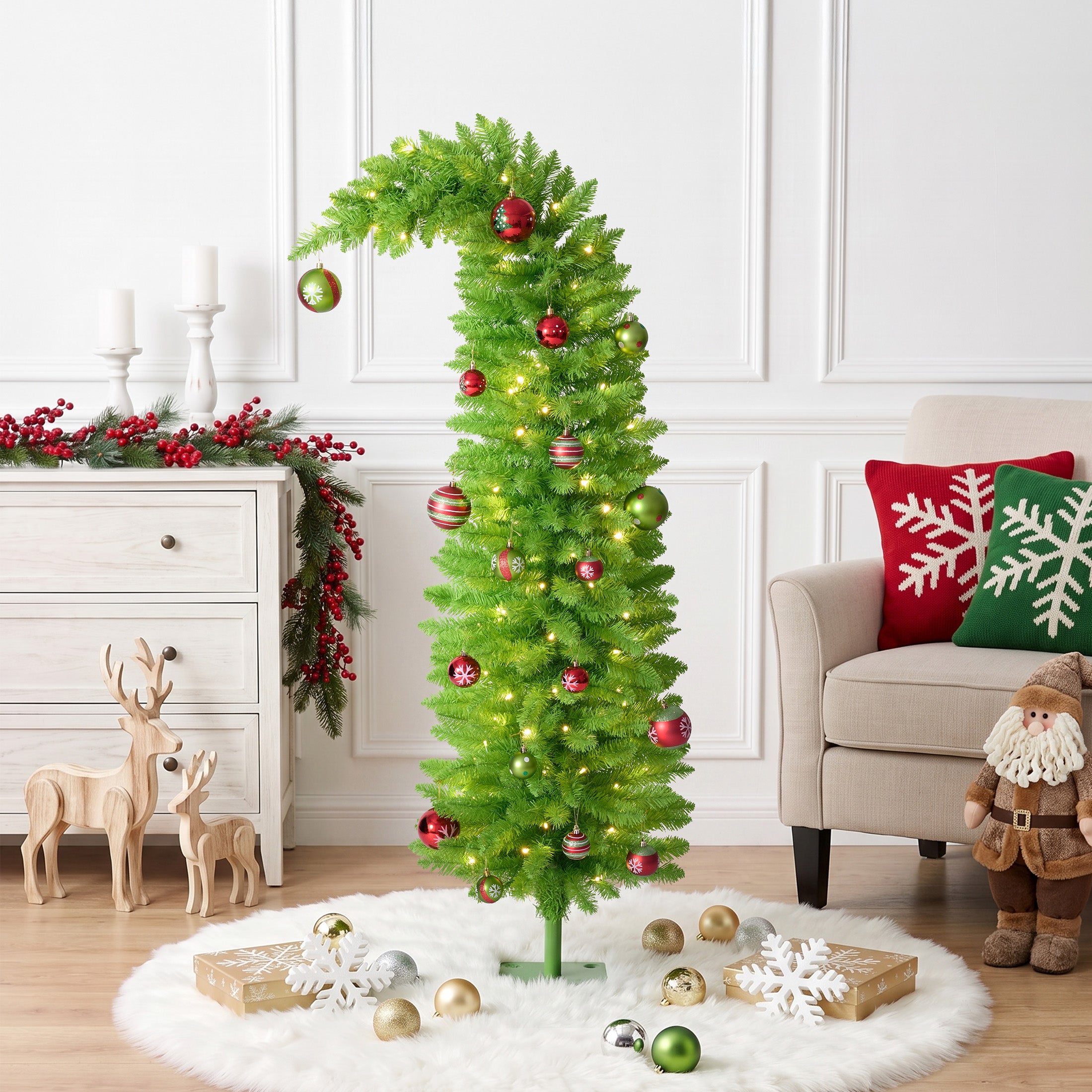 VeriNatural 5FT Pencil Artificial Christmas Tree with Red & Green Ornaments, Pre-Decorated Slim Xmas Tree for Indoor Holiday Decor