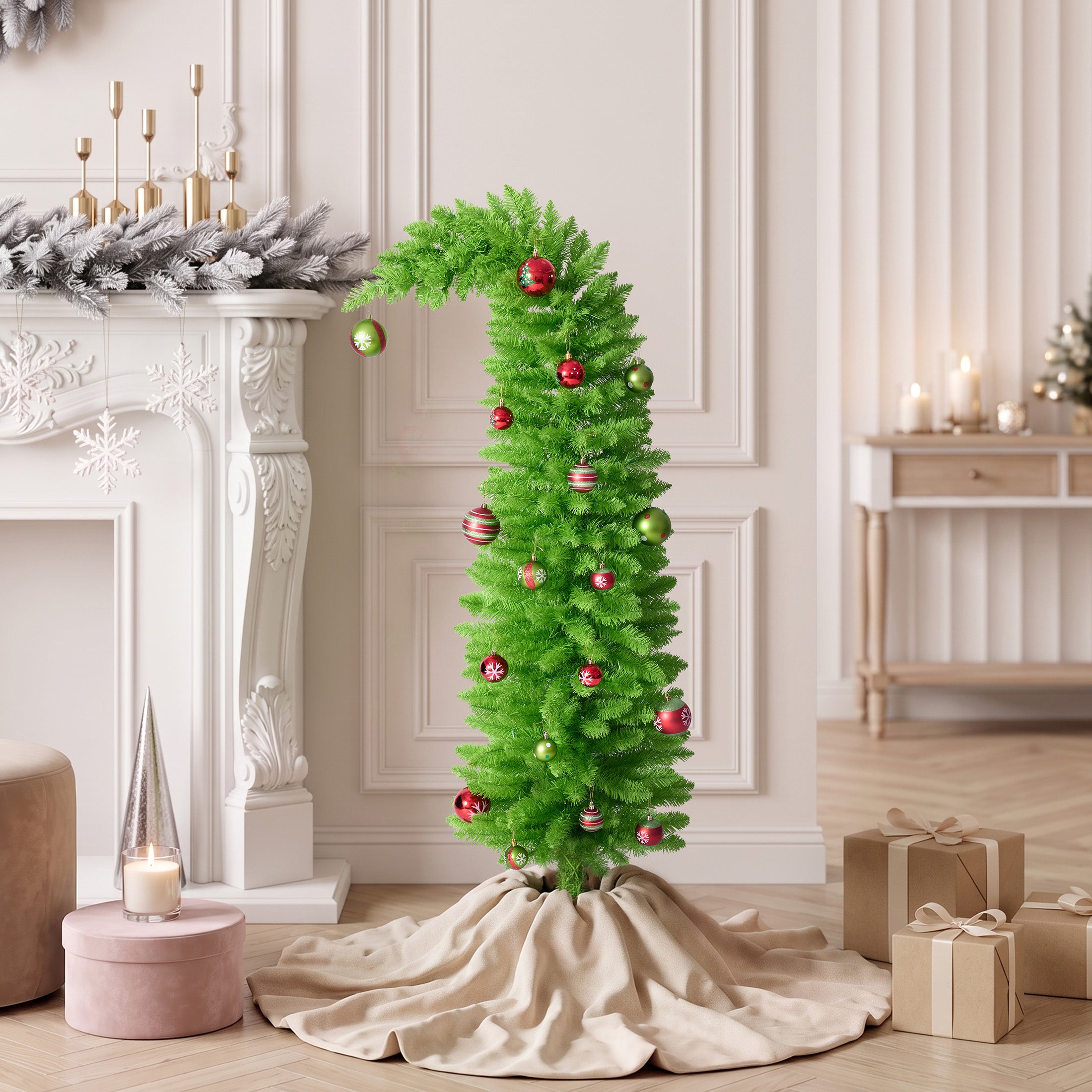 VeriNatural 5FT Pencil Artificial Christmas Tree with Red & Green Ornaments, Pre-Decorated Slim Xmas Tree for Indoor Holiday Decor