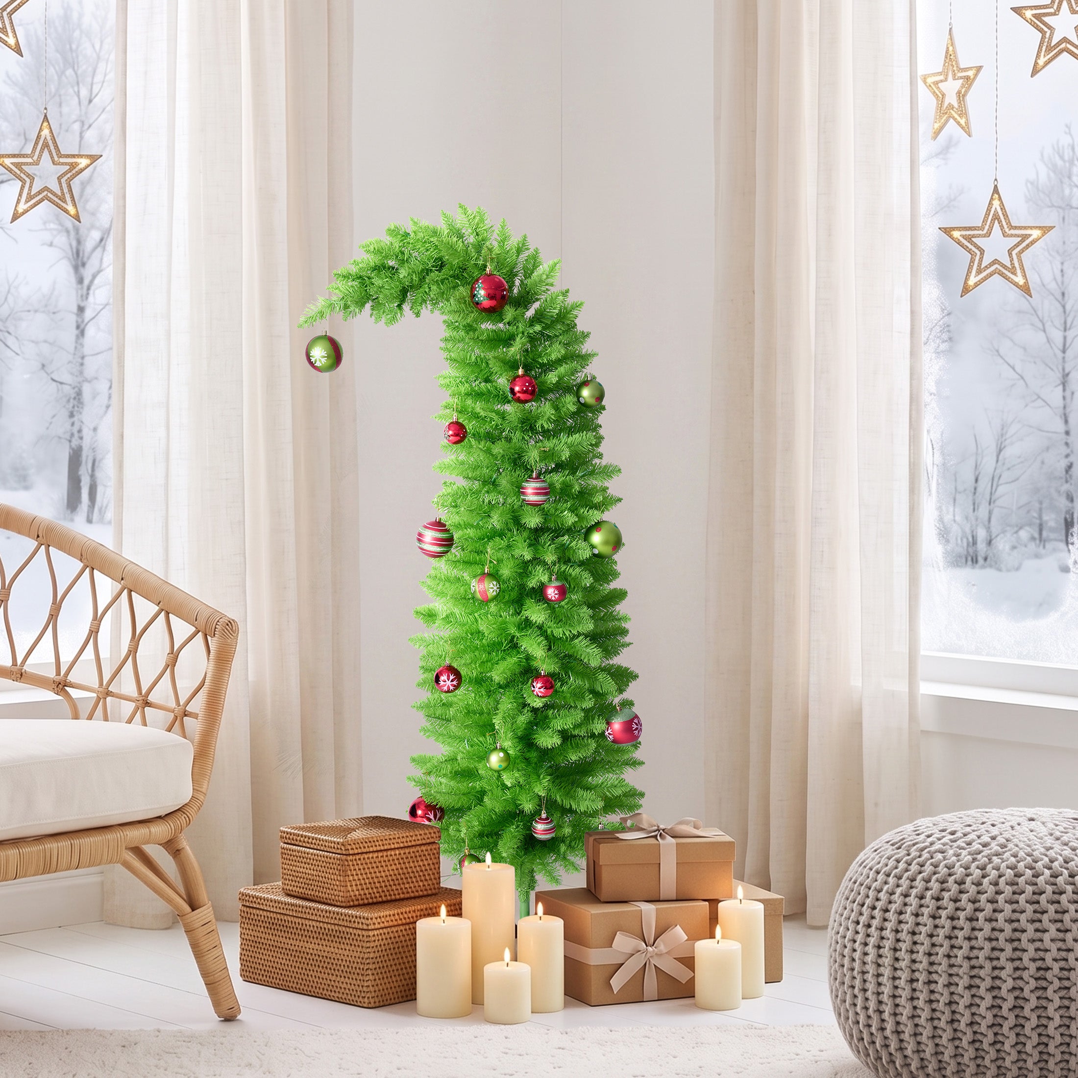 VeriNatural 5FT Pencil Artificial Christmas Tree with Red & Green Ornaments, Pre-Decorated Slim Xmas Tree for Indoor Holiday Decor