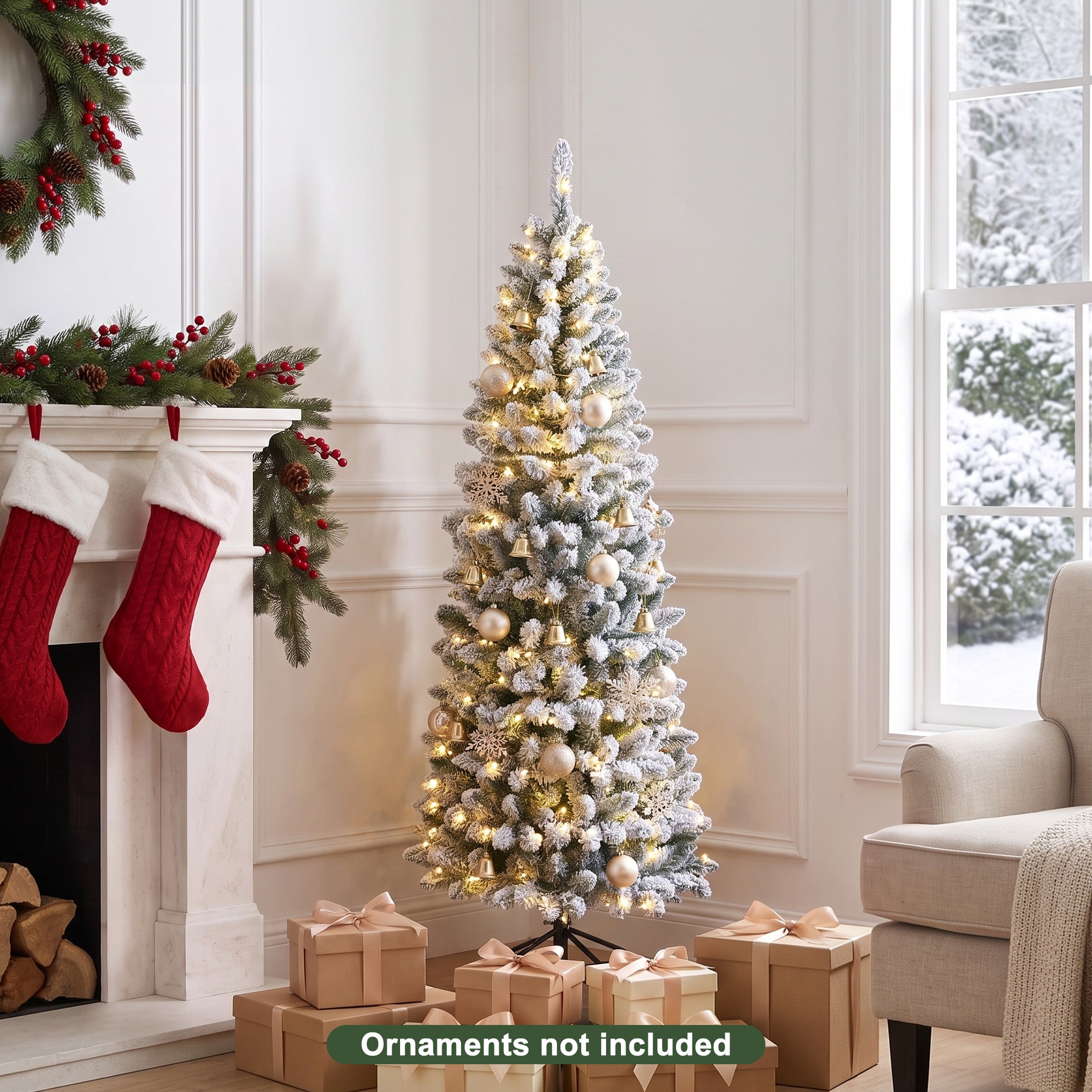 VeriNatural 6ft Prelit Snow Flocked Slim Christmas Tree - Pencil Artificial Tree with 250 Dual Color LED Lights, 9 Modes and 720 Adjustable Branches for Apartments, Living Rooms