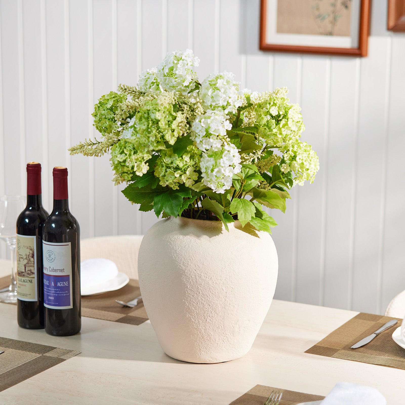 VeriNatural 24” Artificial Hydrangea Bouquet in Textured MgO Vase – Real Touch Faux White & Green Hydrangea Flowers for Wedding, Party & Elegant Home Decor