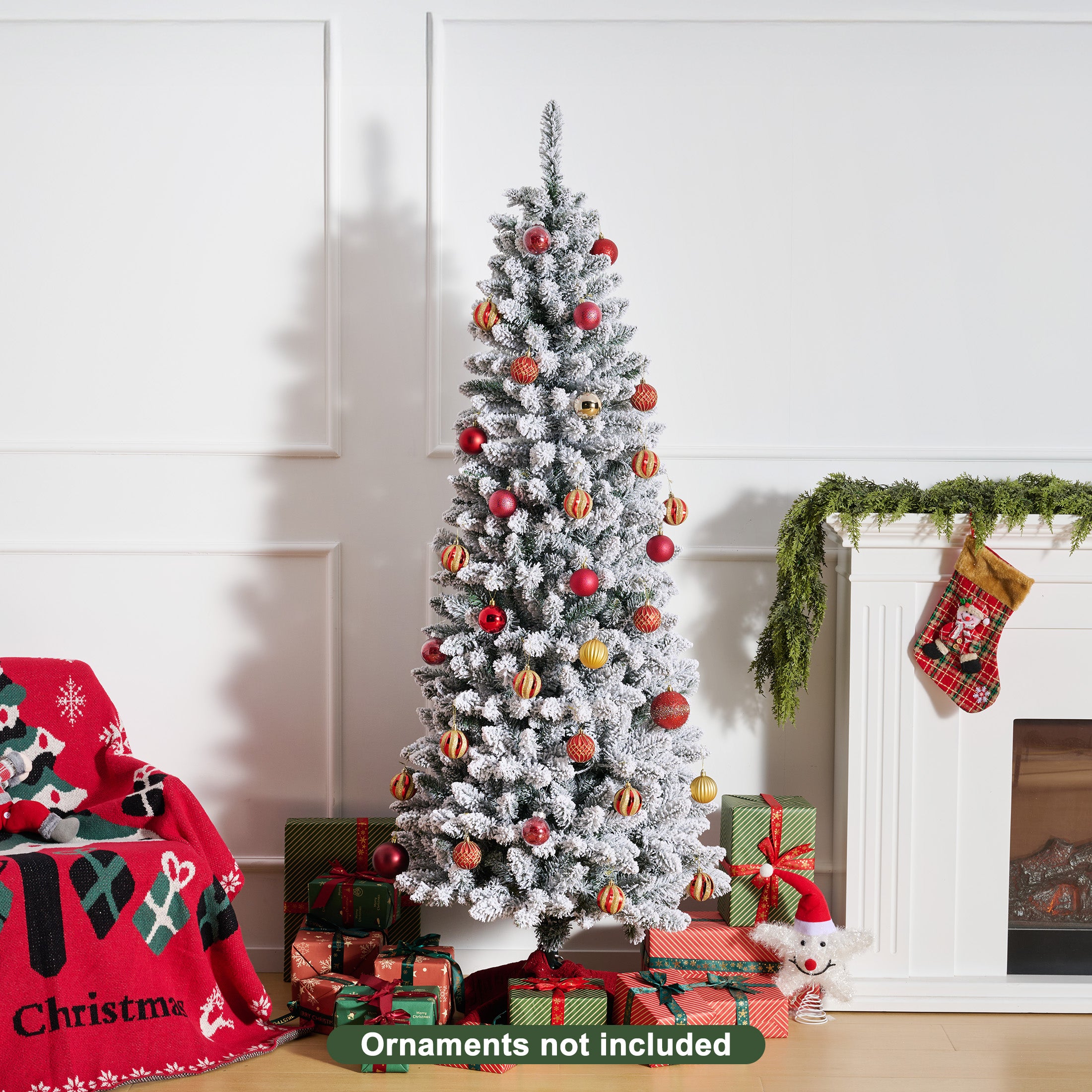 VeriNatural 6ft Prelit Snow Flocked Slim Christmas Tree - Pencil Artificial Tree with 250 Dual Color LED Lights, 9 Modes and 720 Adjustable Branches for Apartments, Living Rooms