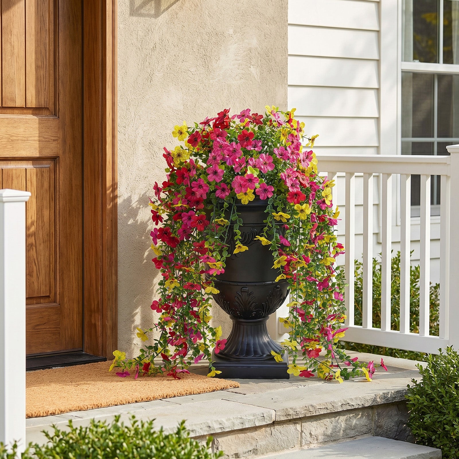 VeriNatural Artificial Lobelia in Charming Urn Planter Set, 26 Inch (0.65m) Tall Lifelike Faux Flowers, Pre-Potted with Tray, Indoor & Patio Decor, Available in 1 Pack & 2 Pack