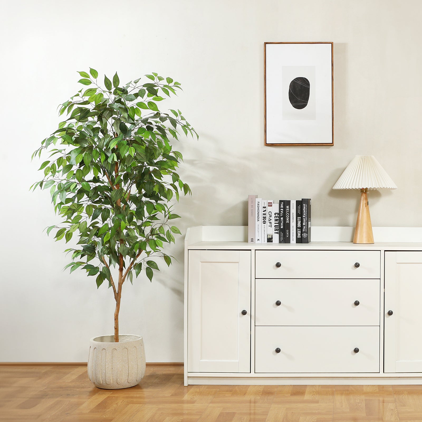 Fopamtri Artificial Ficus Plant 150 cm Large Fake Plants Indoor with Natural Wood Trunk, Fake Potted Ficus Tree for Home Bedroom Office Balcony Garden Decorations (1 Pack)