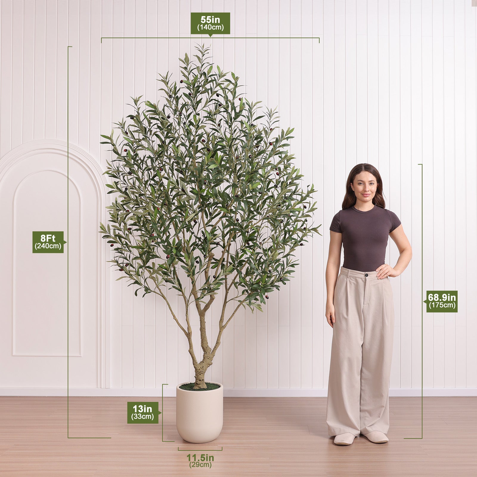 VeriNatural 8FT Artificial Olive Tree Lifelike Faux Plant with White Planter | No Maintenance Decor(VN224)