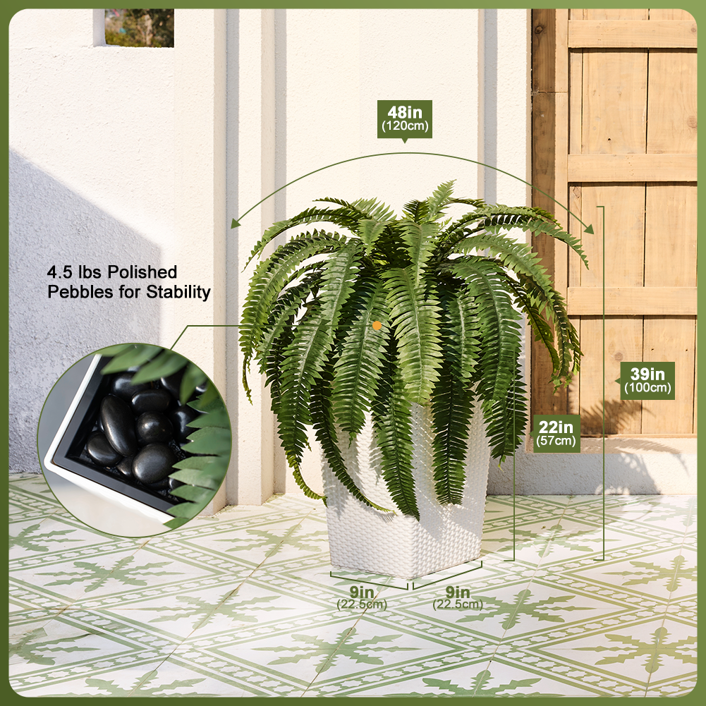 VeriNatural 33/39 Fronds Artificial Boston Fern Bush with Black Taper Planter for Indoor & Outdoor (1/2-Pack)(VN153)
