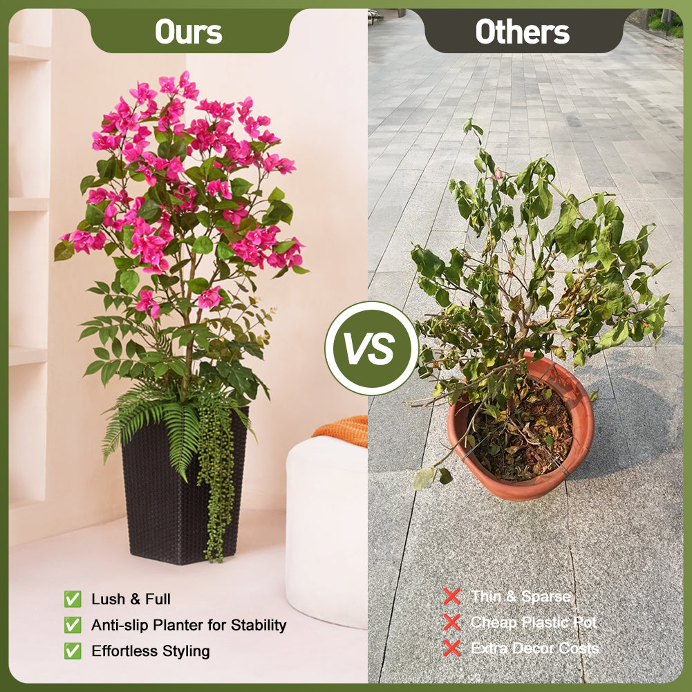 VeriNatural 4FT Mixed Greens and Bougainvillea Artificial Plants with Black Taper Planter for Indoor & Outdoor (1/2-Pack)(VN146)