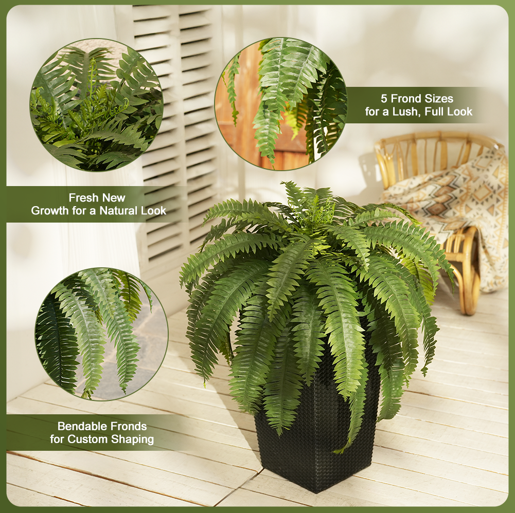 VeriNatural 33/39 Fronds Artificial Boston Fern Bush with Black Taper Planter for Indoor & Outdoor (1/2-Pack)(VN153)