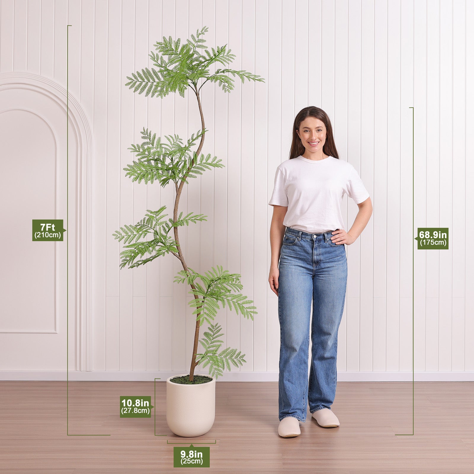 VeriNatural 7FT Artificial Jacaranda Tree in White Planter – Tall Faux Indoor Tree for Modern Home Decor(VN226)