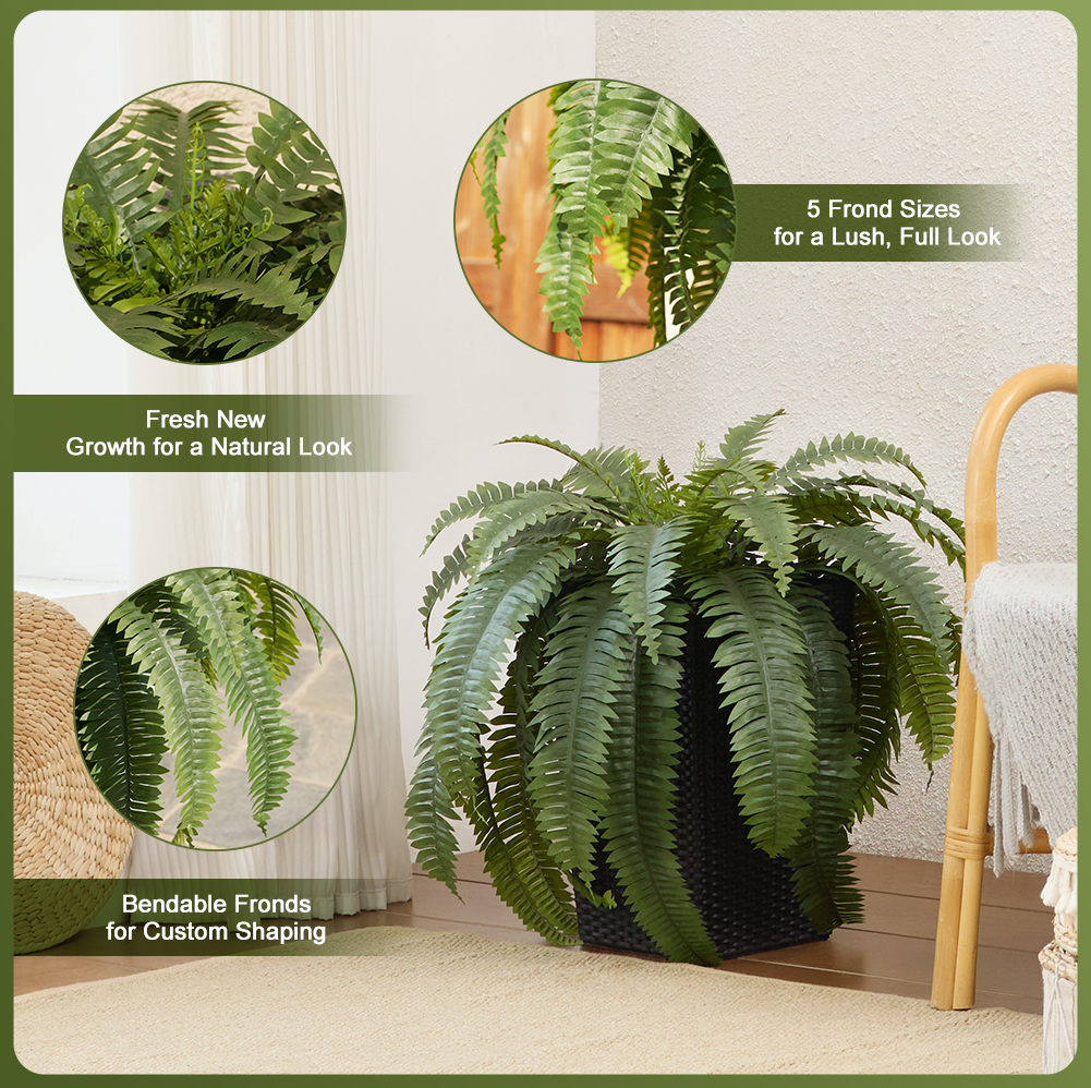 VeriNatural 33/39 Fronds Artificial Boston Fern Bush with Black Taper Planter for Indoor & Outdoor (1/2-Pack)(VN153)