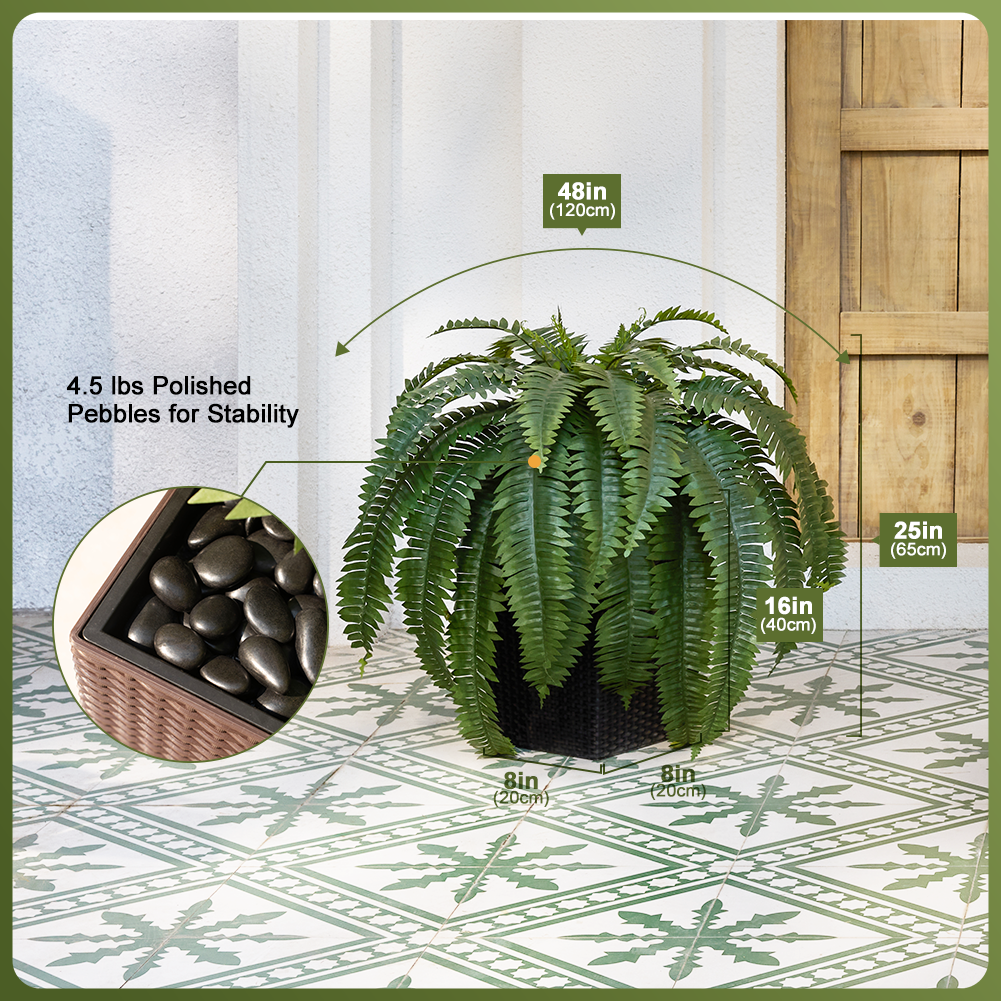 VeriNatural 33/39 Fronds Artificial Boston Fern Bush with Black Taper Planter for Indoor & Outdoor (1/2-Pack)(VN153)