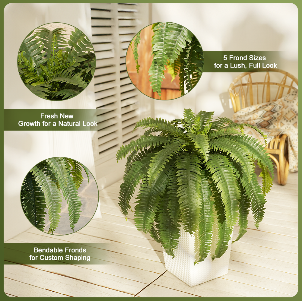 VeriNatural 33/39 Fronds Artificial Boston Fern Bush with Black Taper Planter for Indoor & Outdoor (1/2-Pack)(VN153)