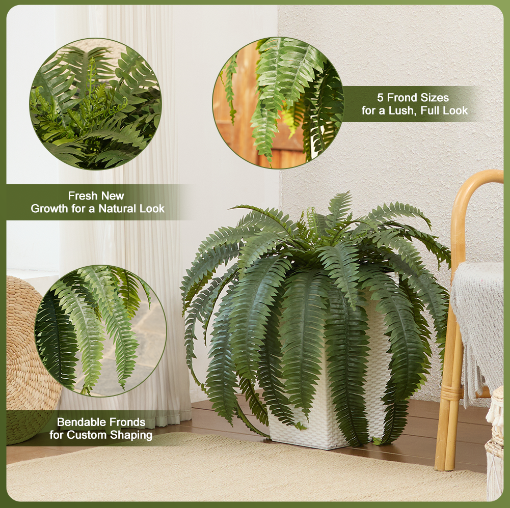 VeriNatural 33/39 Fronds Artificial Boston Fern Bush with Black Taper Planter for Indoor & Outdoor (1/2-Pack)(VN153)