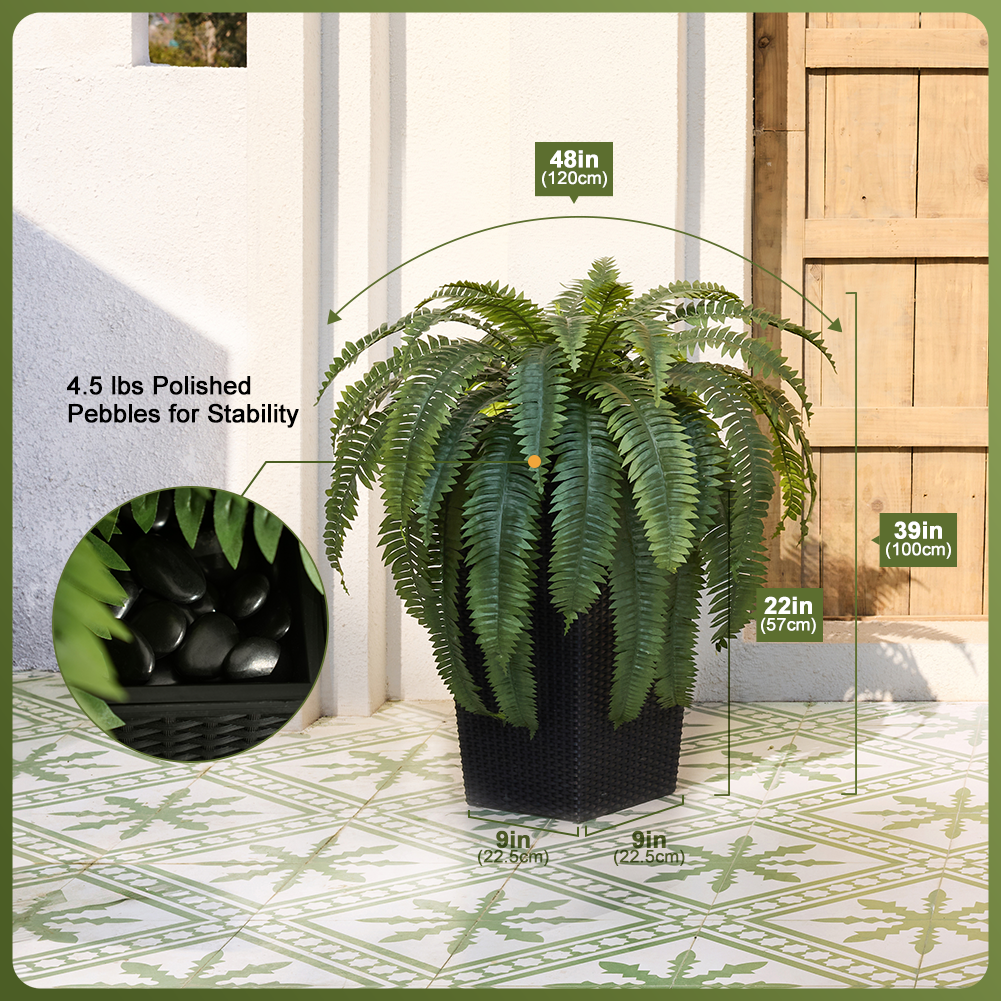 VeriNatural 33/39 Fronds Artificial Boston Fern Bush with Black Taper Planter for Indoor & Outdoor (1/2-Pack)(VN153)