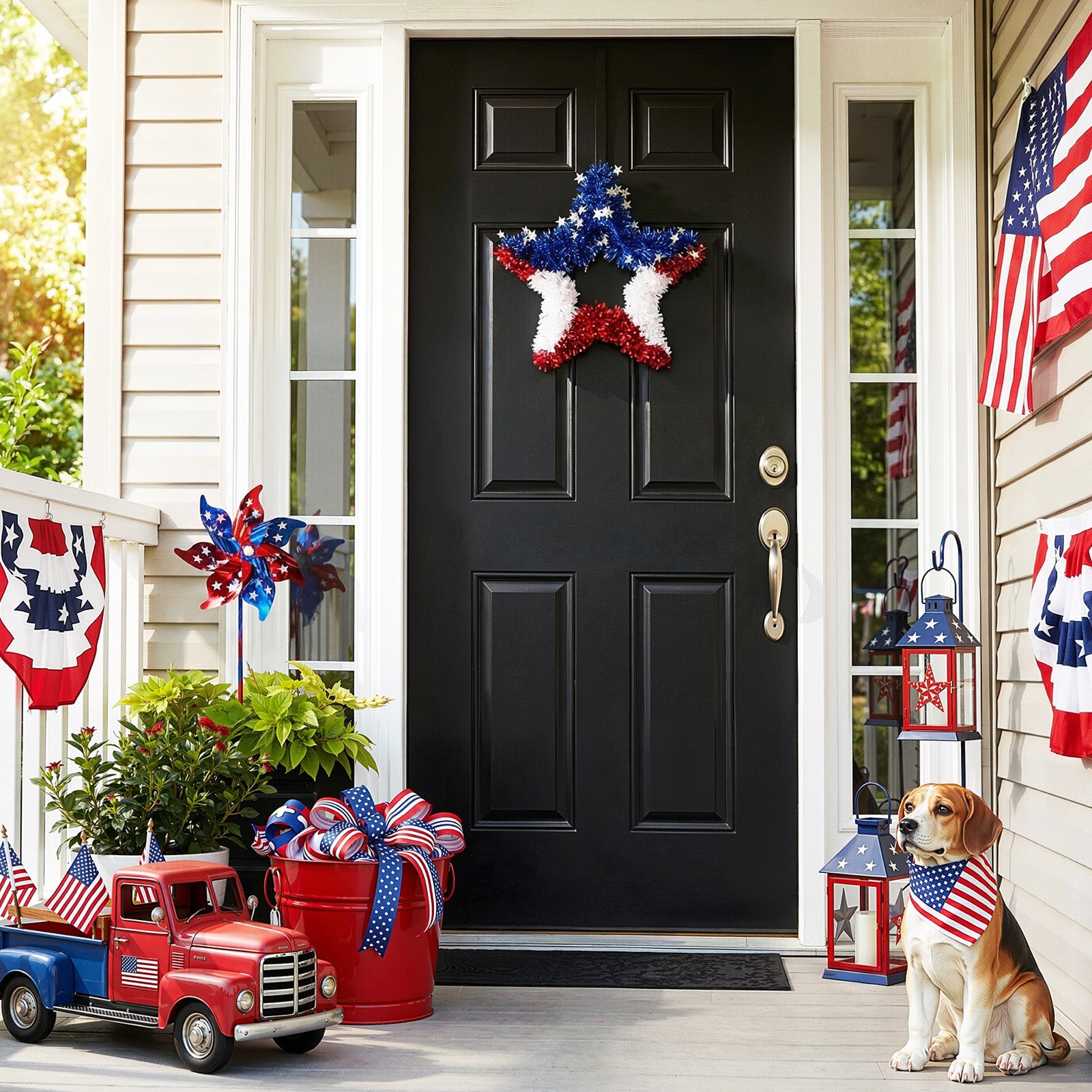 VeriNatural Garland Red White Blue Star Tinsel Decor for Party, Door, Wall & Golf Cart