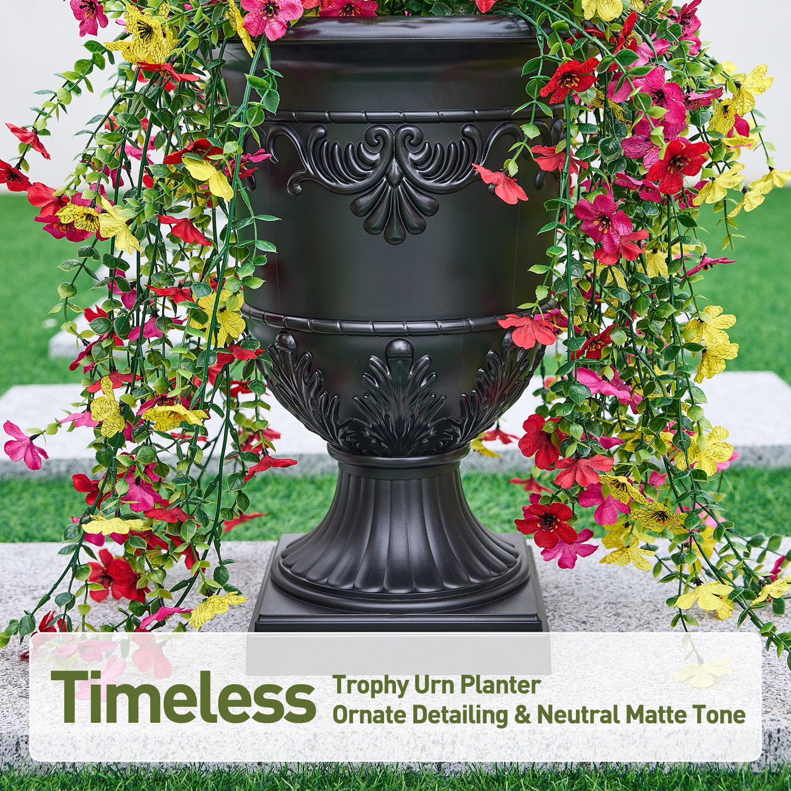 VeriNatural Artificial Lobelia in Charming Urn Planter Set, 26 Inch (0.65m) Tall Lifelike Faux Flowers, Pre-Potted with Tray, Indoor & Patio Decor, Available in 1 Pack & 2 Pack