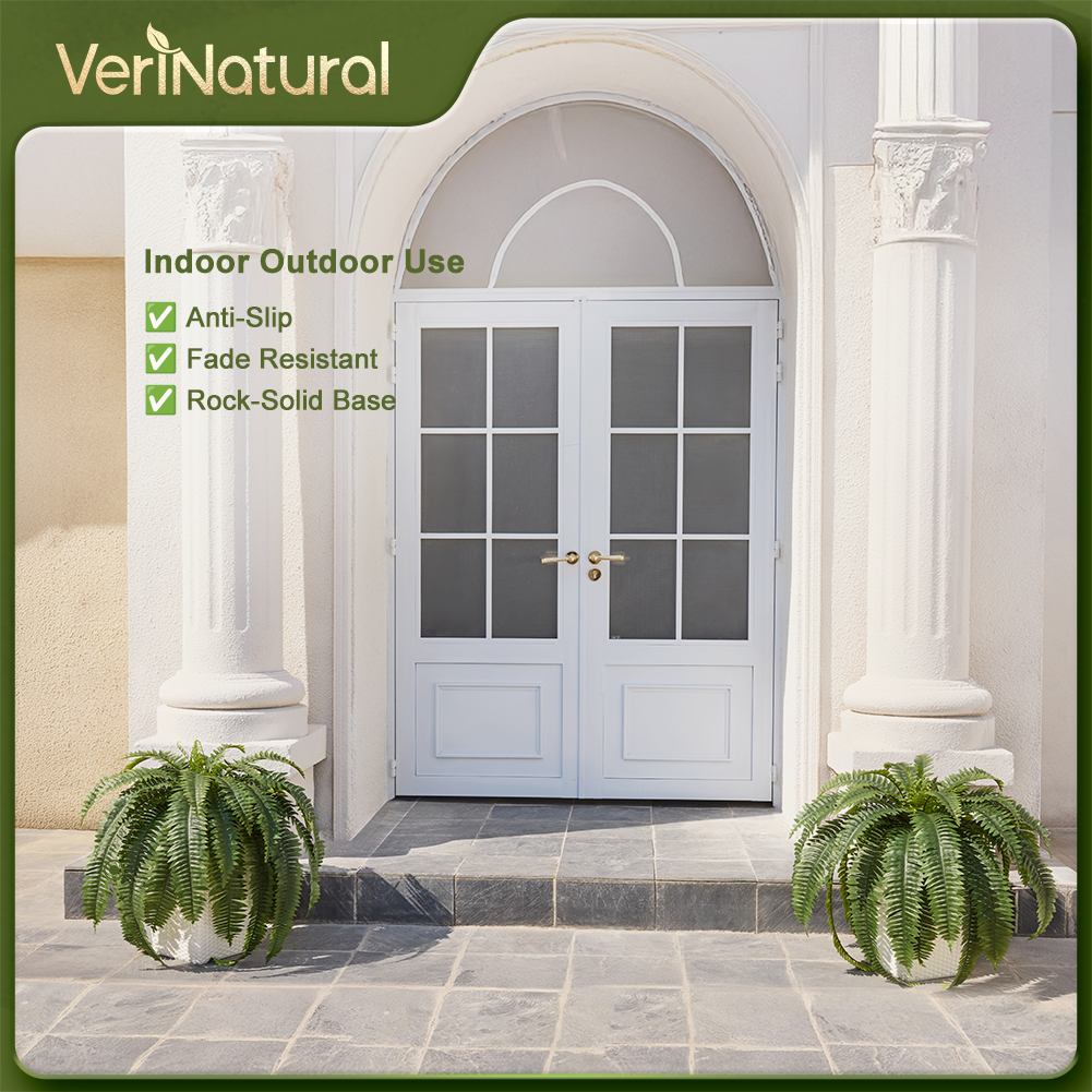 VeriNatural 33/39 Fronds Artificial Boston Fern Bush with Black Taper Planter for Indoor & Outdoor (1/2-Pack)(VN153)