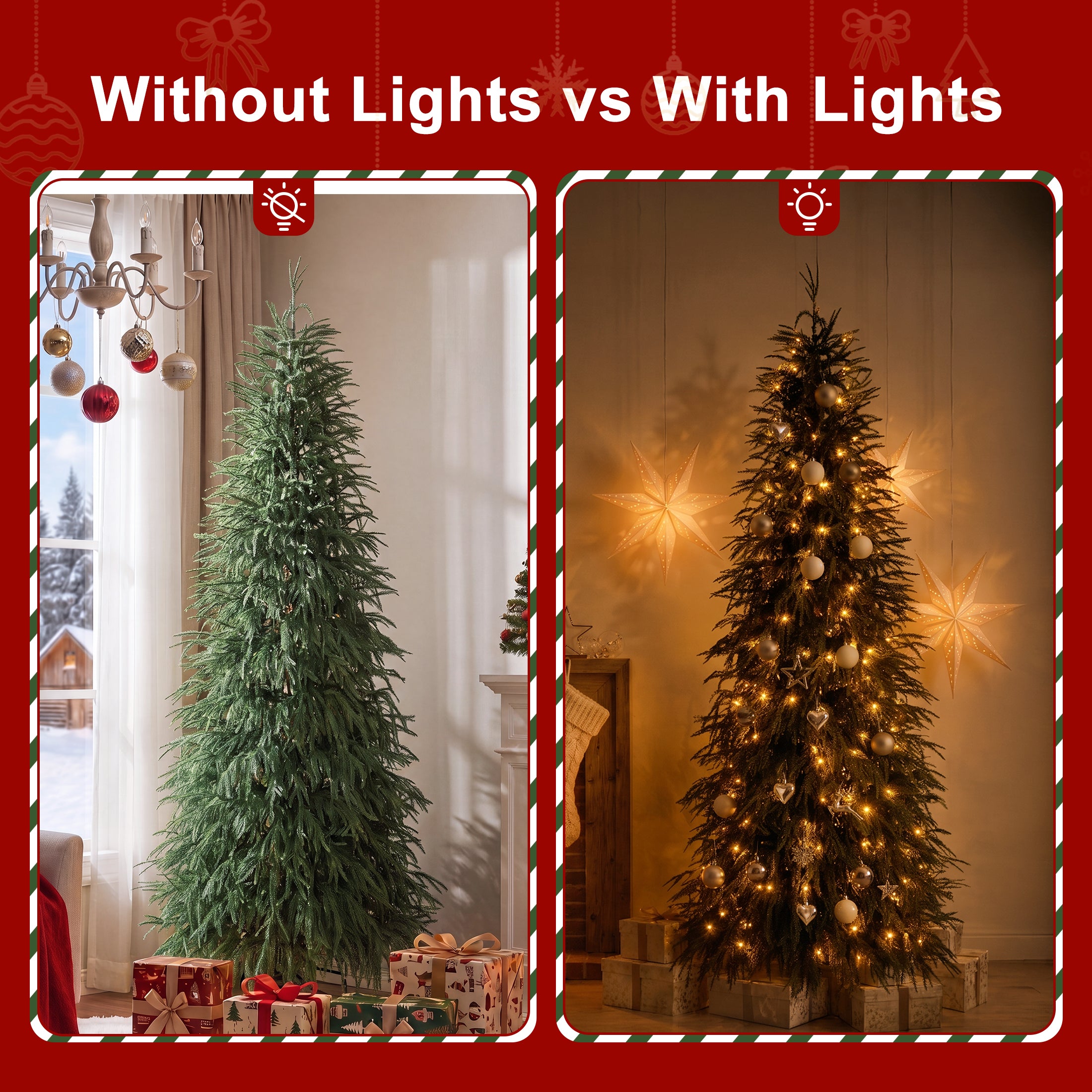 VeriNatural 5/6/7FT Pre-Lit Norfolk Pine Christmas Tree, Artificial Slim Christmas Tree with 100/150/220 Warm White LEDs, 3 Lighting Modes, Adjustable PE Branches, Space-Saving Holiday Decor for Apartment, Home & Office