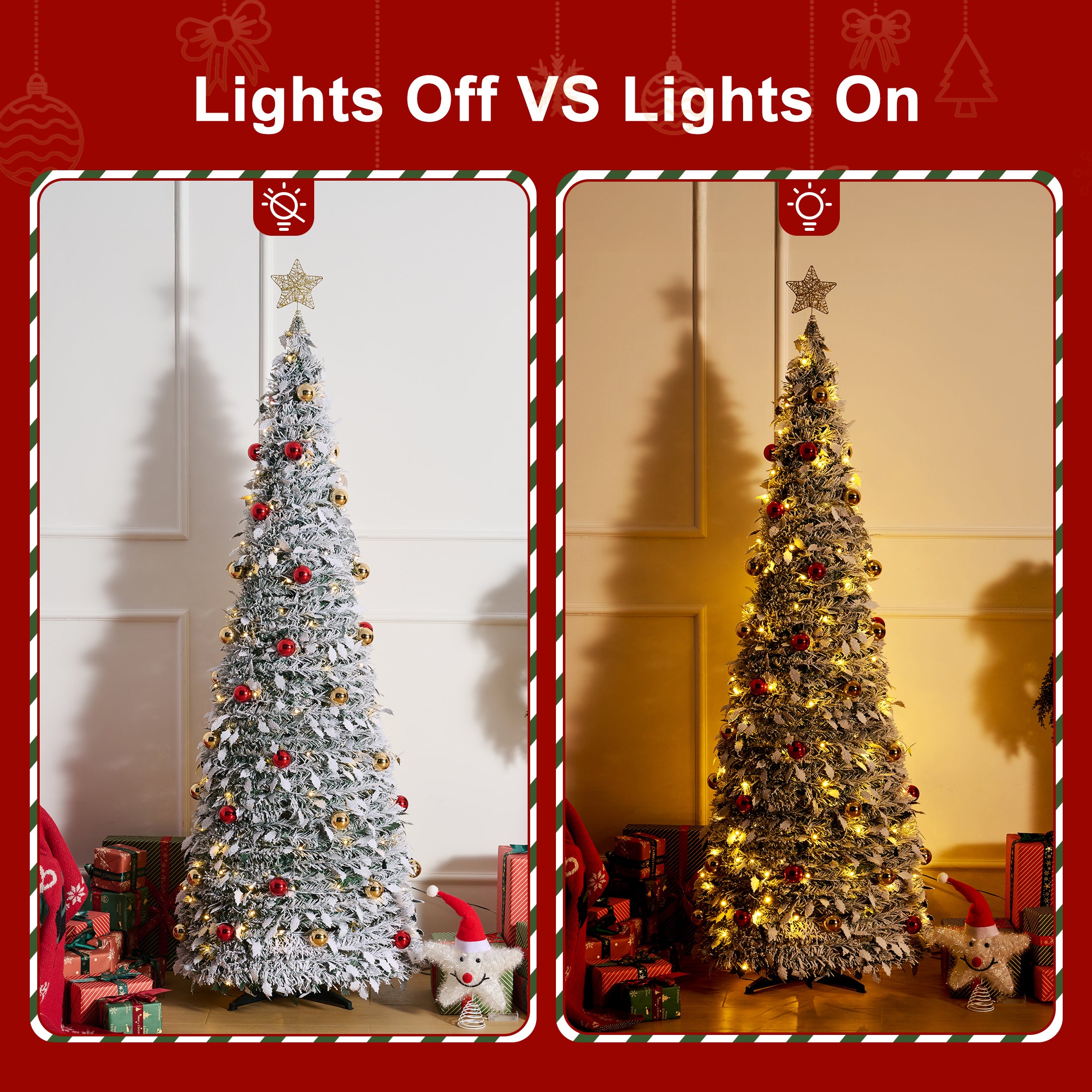 VeriNatural 6FT Snow Flocked Pop Up Christmas Tree, Pre-Lit Foldable Artificial Xmas Tree with 150 Warm White LED Lights, Star Topper & 50 Ornaments, Pre-Decorated Holiday Tree for Home & Office Decor