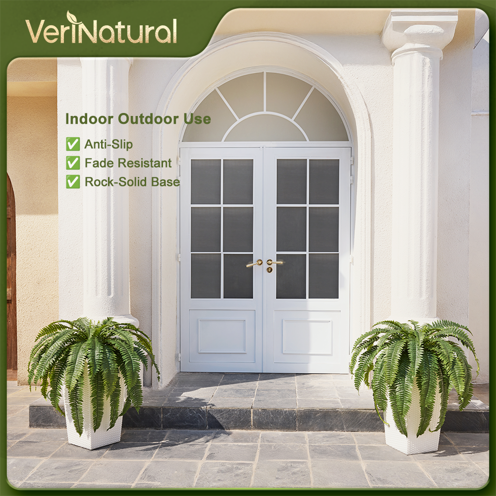 VeriNatural 33/39 Fronds Artificial Boston Fern Bush with Black Taper Planter for Indoor & Outdoor (1/2-Pack)(VN153)