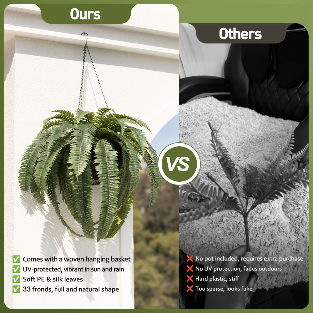 VeriNatural 33 Fronds UV Resistant Artificial Boston Fern Bush with Hanging Planter for Indoor & Outdoor (1/2-Pack)(VN142)