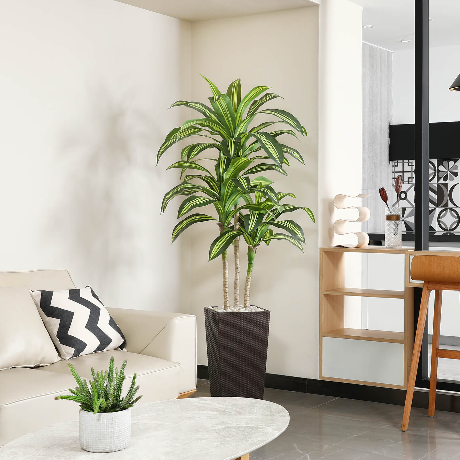 VeriNatural 6/7FT Artificial Dracaena with White/Brown Taper Planter for Indoor & Outdoor