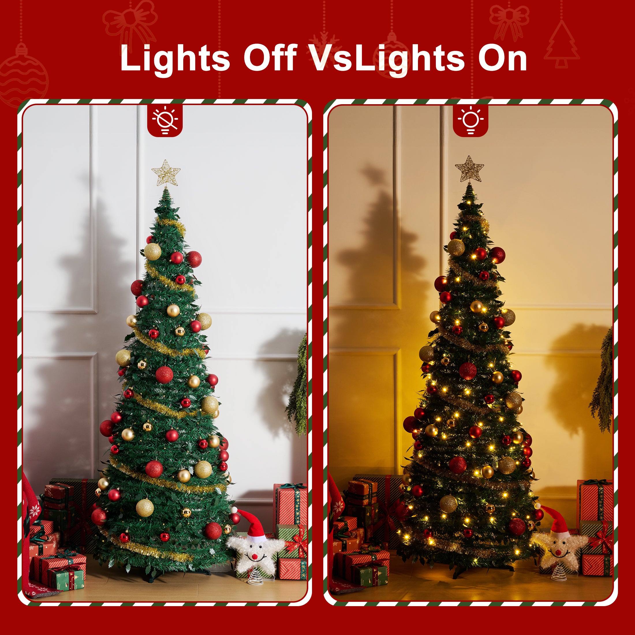VeriNatural 6FT Pop Up Christmas Tree with 150 Warm White LED Lights & 90 Red Gold Ornaments, Pre-Lit Collapsible Artificial Xmas Tree for Easy Holiday Setup