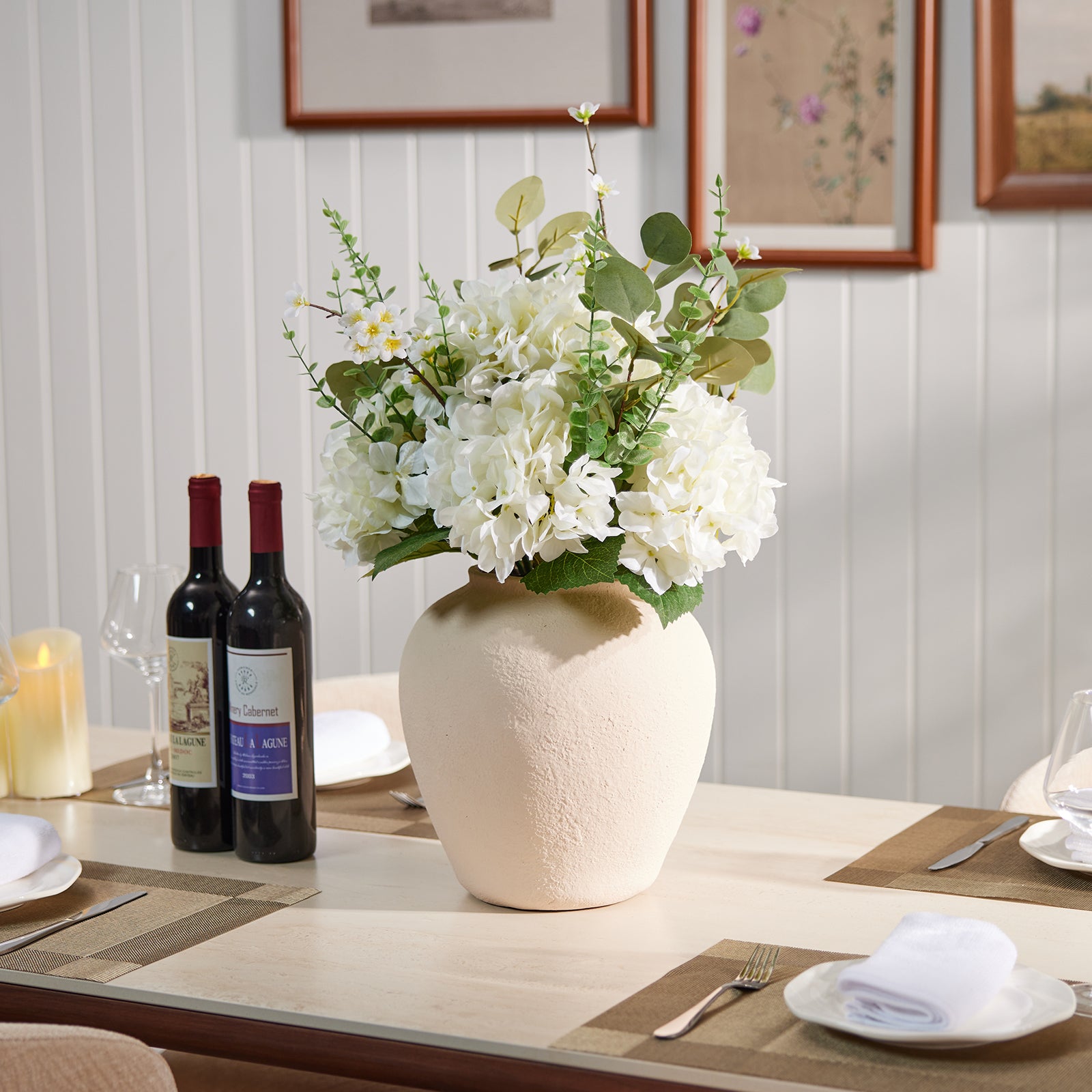 VeriNatural 24" Faux Hydrangea Arrangement with Eucalyptus Greenery – Large Artificial Floral Centerpiece in MgO Vase for Dining Table, Coffee Table & Modern Farmhouse Home Decor