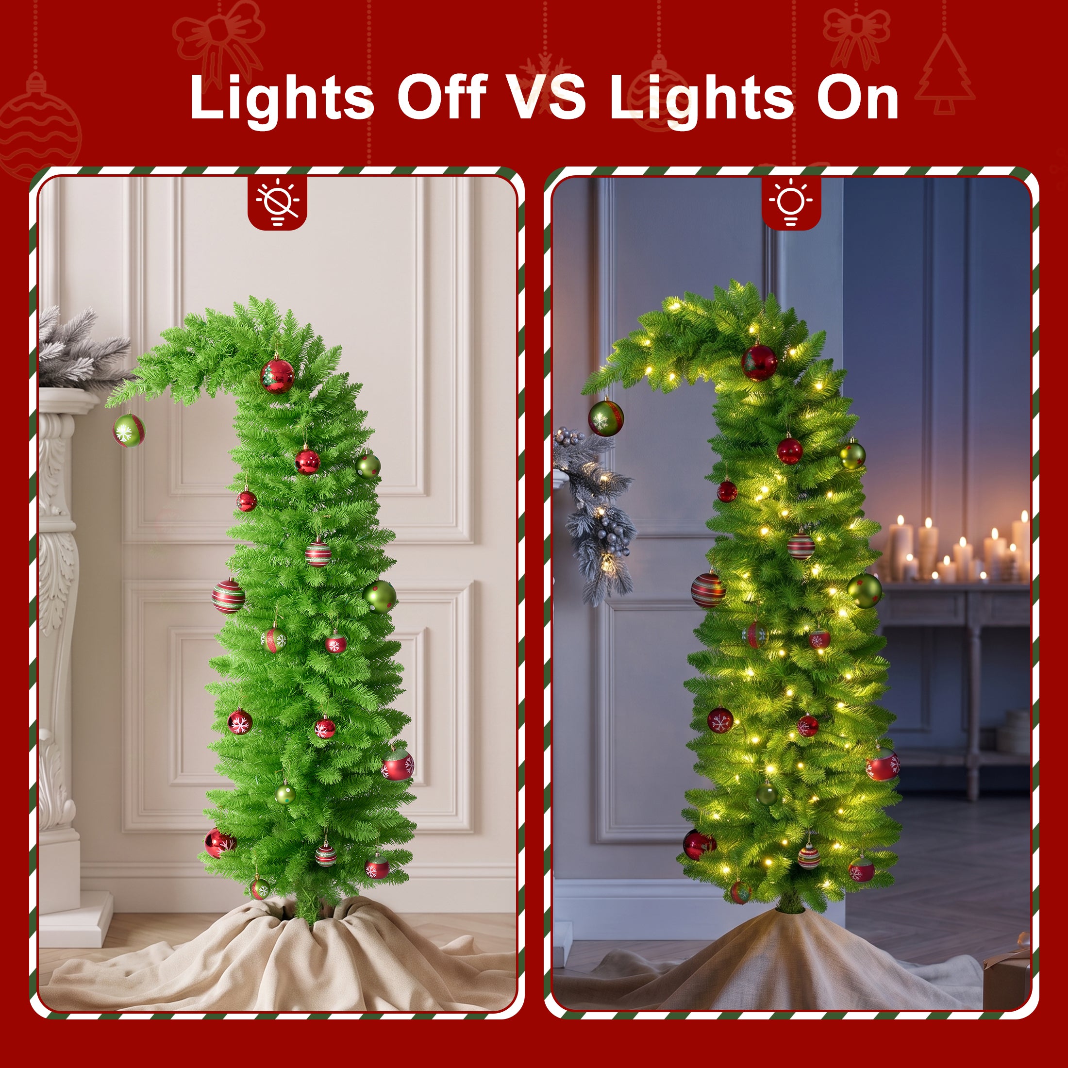 VeriNatural 5FT Pencil Artificial Christmas Tree with Red & Green Ornaments, Pre-Decorated Slim Xmas Tree for Indoor Holiday Decor