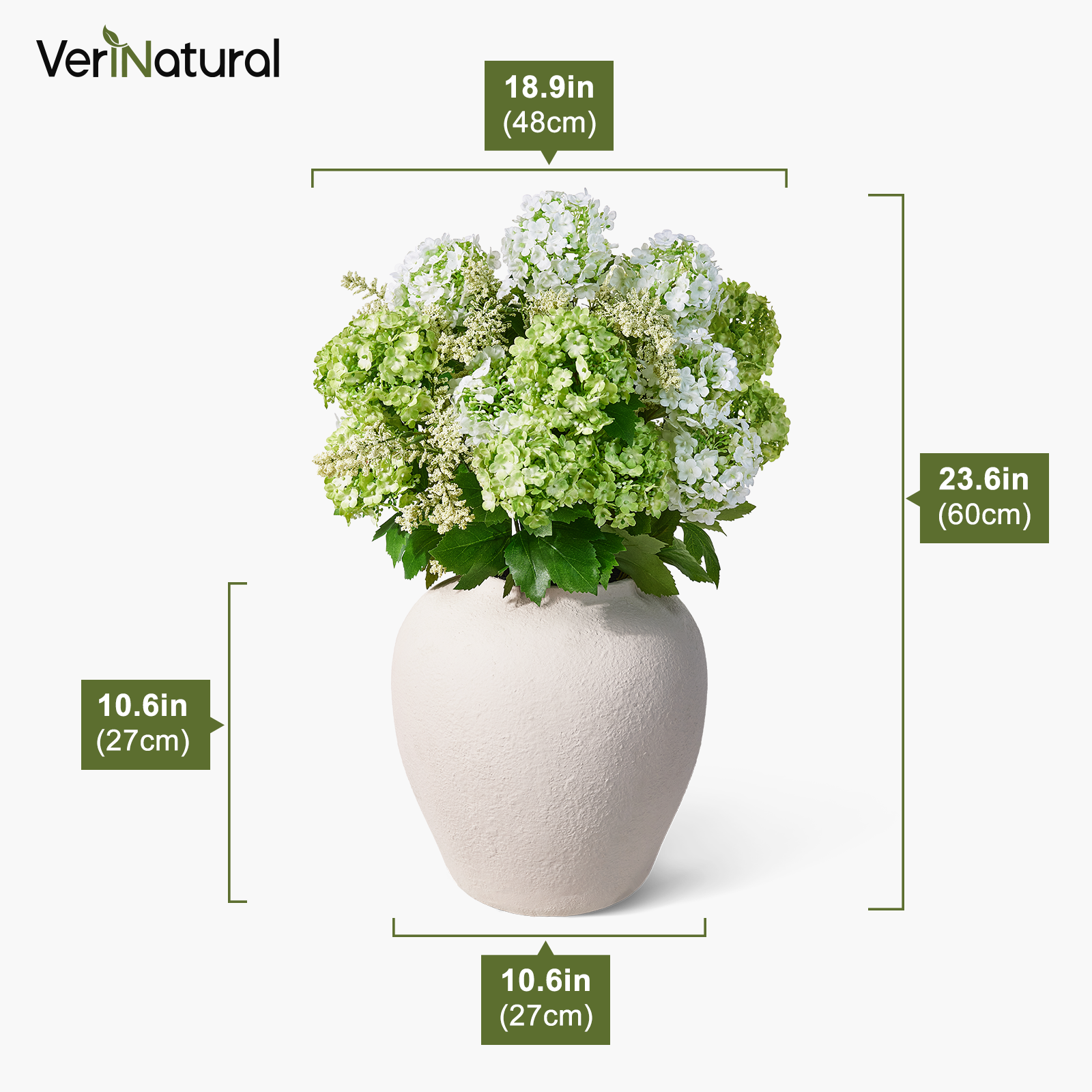 VeriNatural 24” Artificial Hydrangea Bouquet in Textured MgO Vase – Real Touch Faux White & Green Hydrangea Flowers for Wedding, Party & Elegant Home Decor