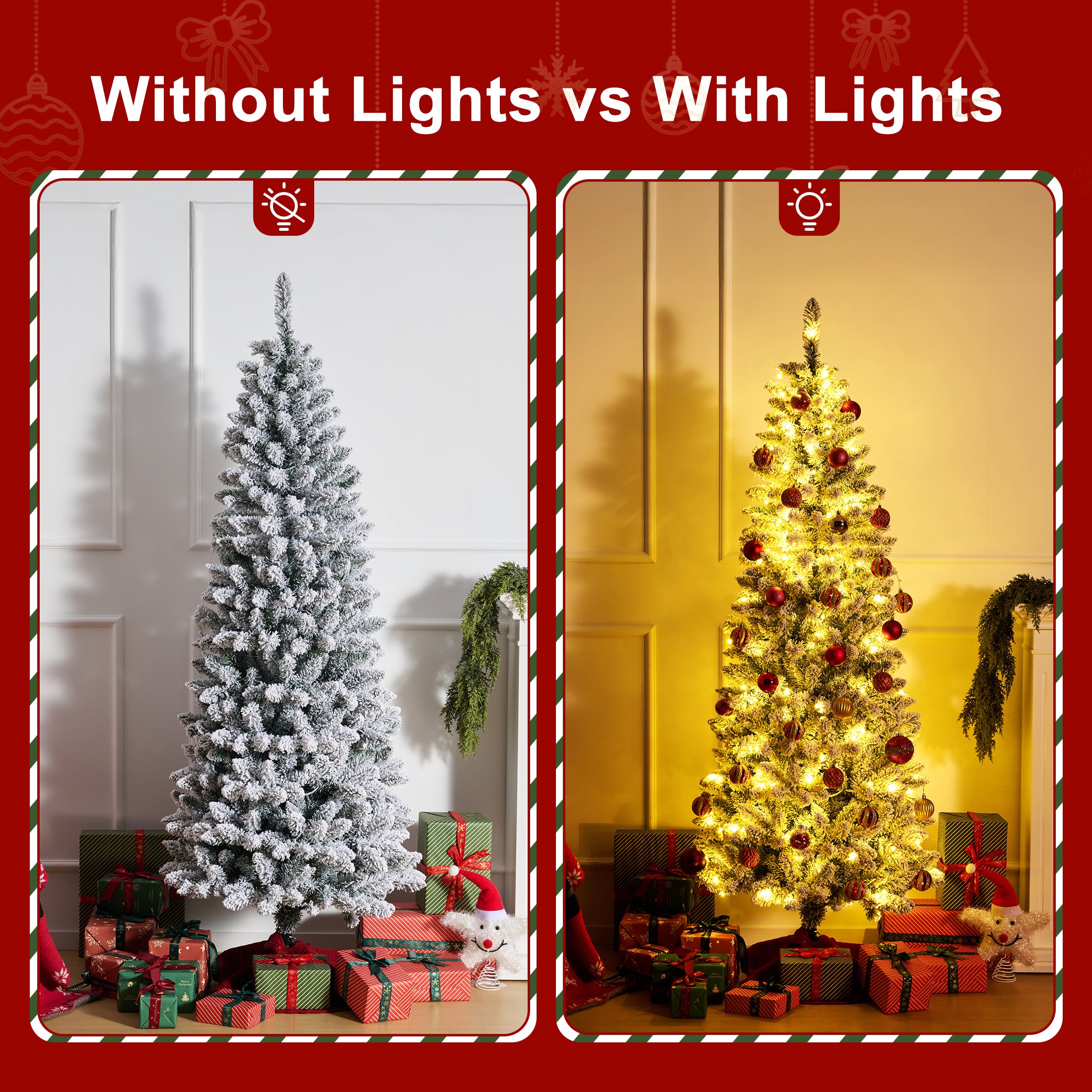 VeriNatural 6ft Prelit Snow Flocked Slim Christmas Tree - Pencil Artificial Tree with 250 Dual Color LED Lights, 9 Modes and 720 Adjustable Branches for Apartments, Living Rooms