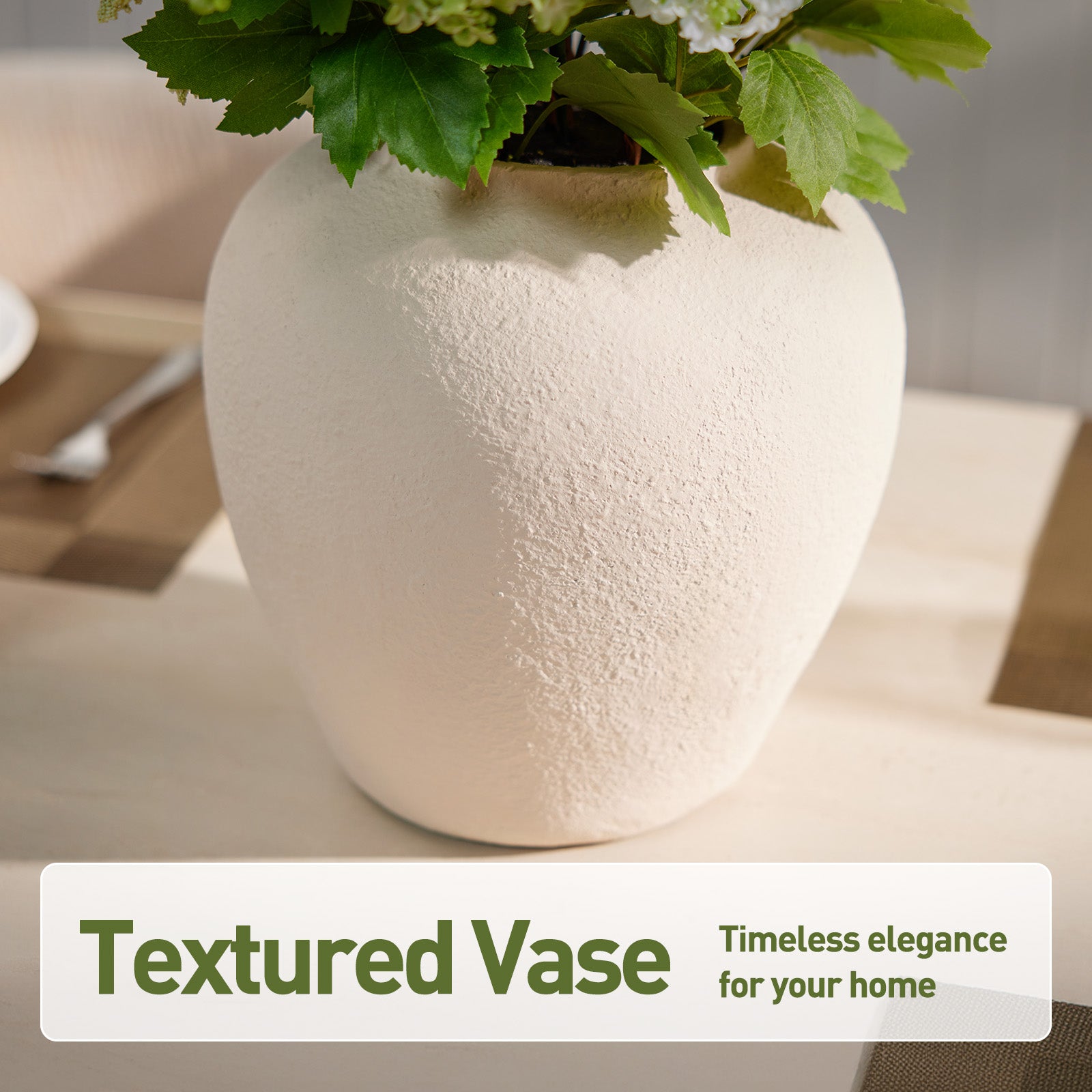 VeriNatural 24” Artificial Hydrangea Bouquet in Textured MgO Vase – Real Touch Faux White & Green Hydrangea Flowers for Wedding, Party & Elegant Home Decor