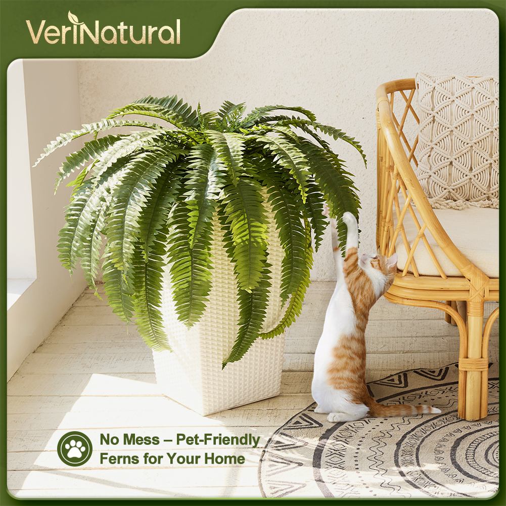 VeriNatural 33/39 Fronds Artificial Boston Fern Bush with Black Taper Planter for Indoor & Outdoor (1/2-Pack)(VN153)