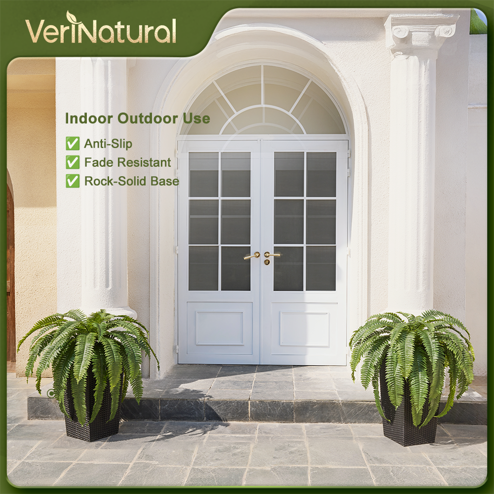 VeriNatural 33/39 Fronds Artificial Boston Fern Bush with Black Taper Planter for Indoor & Outdoor (1/2-Pack)(VN153)