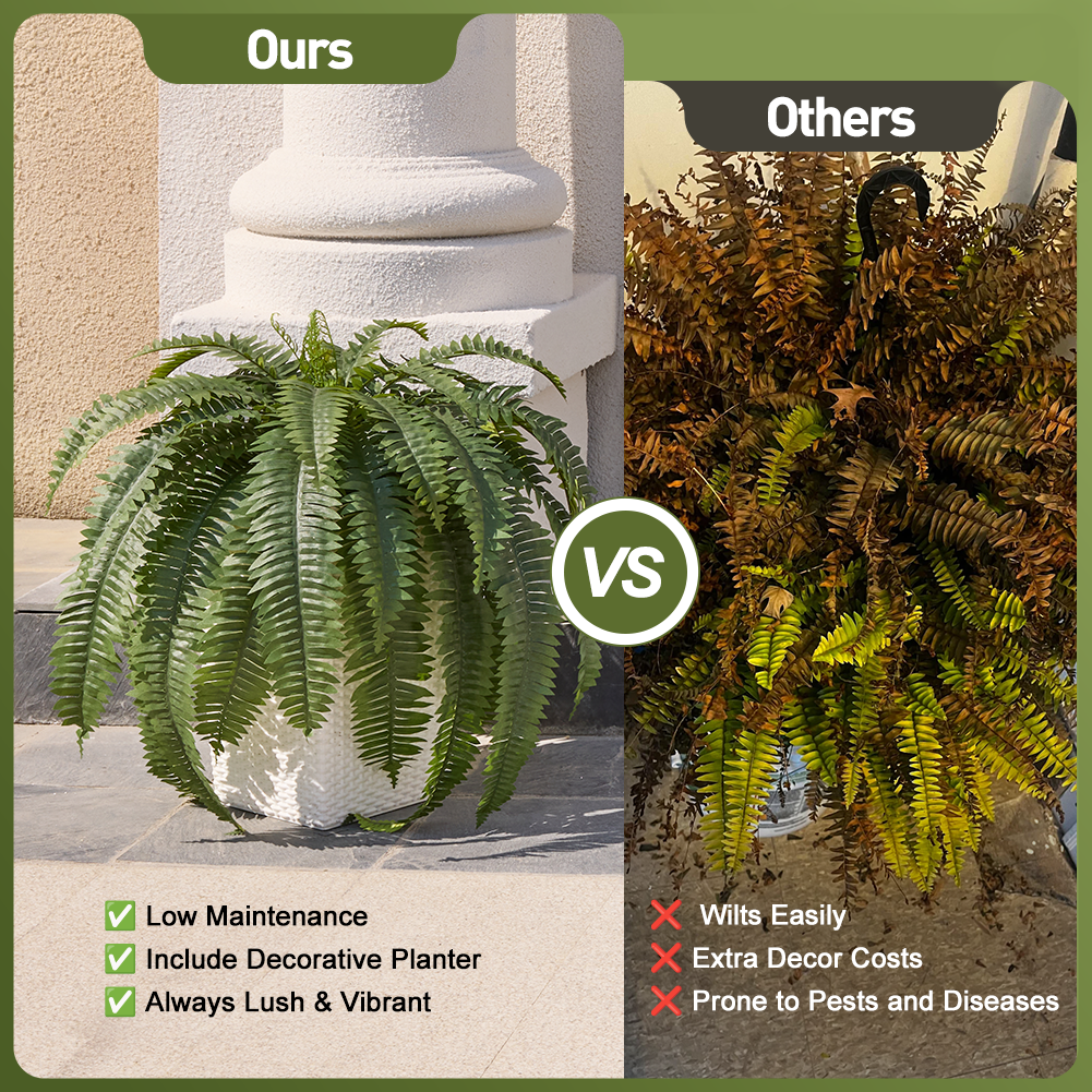 VeriNatural 33/39 Fronds Artificial Boston Fern Bush with Black Taper Planter for Indoor & Outdoor (1/2-Pack)(VN153)