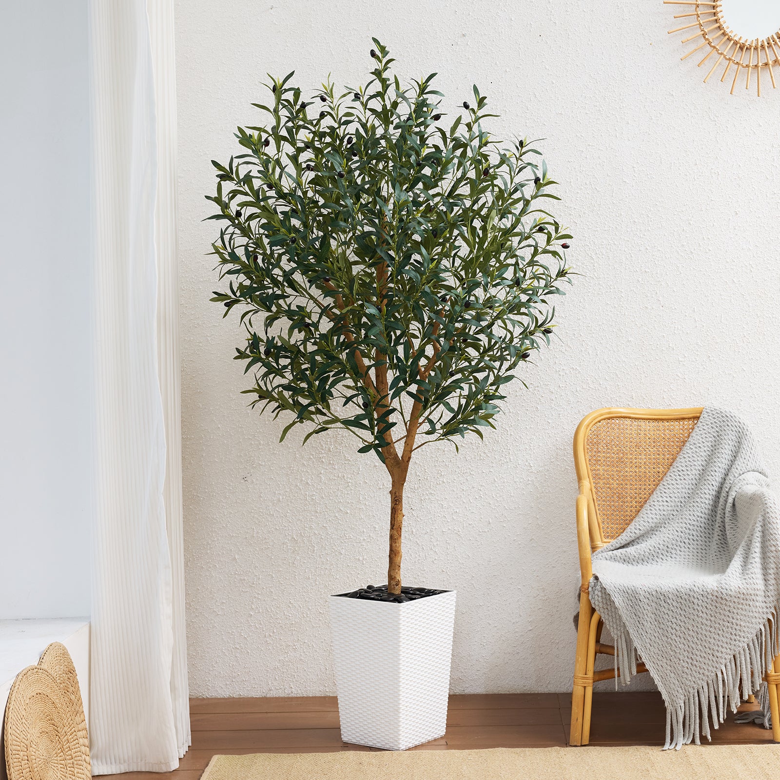 VeriNatural 5/6/7FT Natural Trunk Artificial Olive Tree UV Resistant with Black/White Taper Planter for Indoor & Outdoor(VN133)