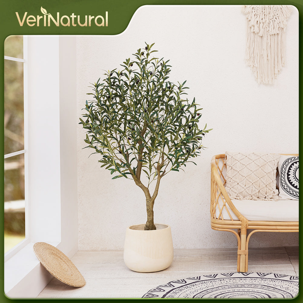 VeriNatural 5/6/7FT UV Resistant and Full-bodied Artificial Olive Tree with Black Planter for Indoor & Outdoor(VN154)