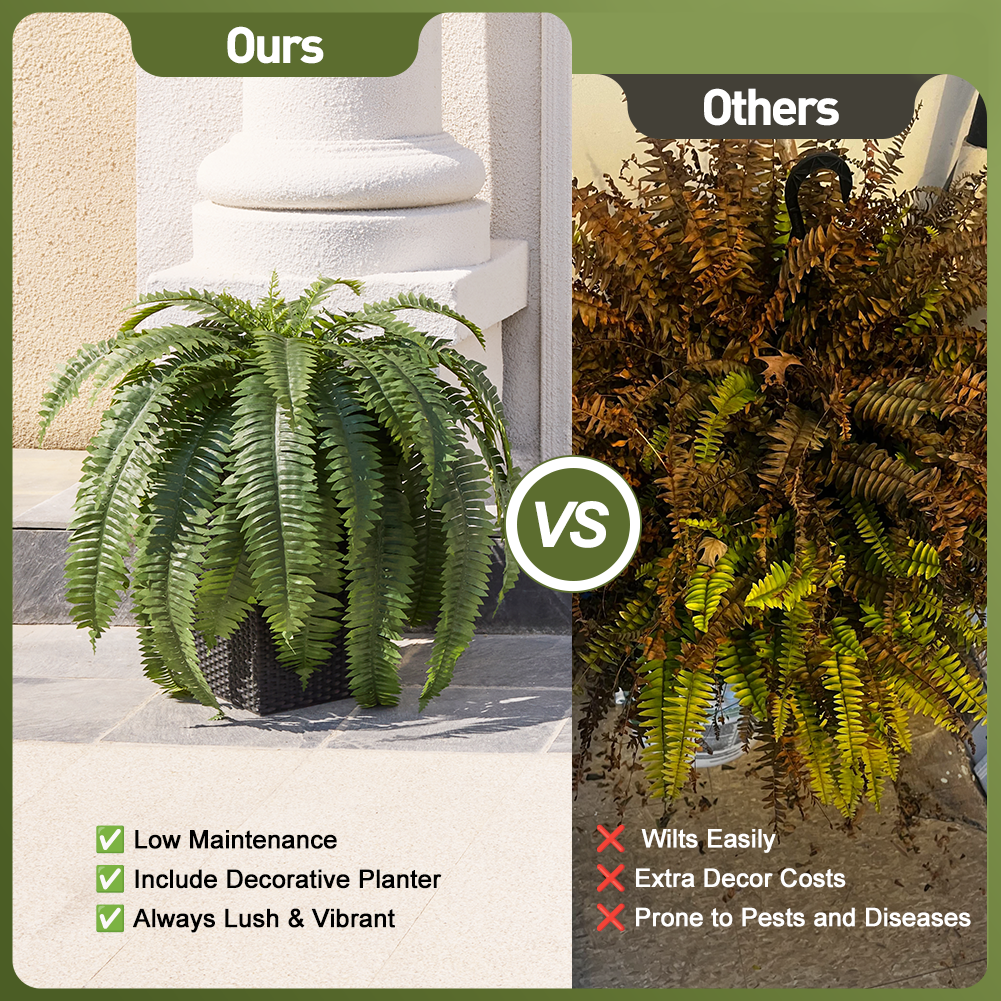 VeriNatural 33/39 Fronds Artificial Boston Fern Bush with Black Taper Planter for Indoor & Outdoor (1/2-Pack)(VN153)