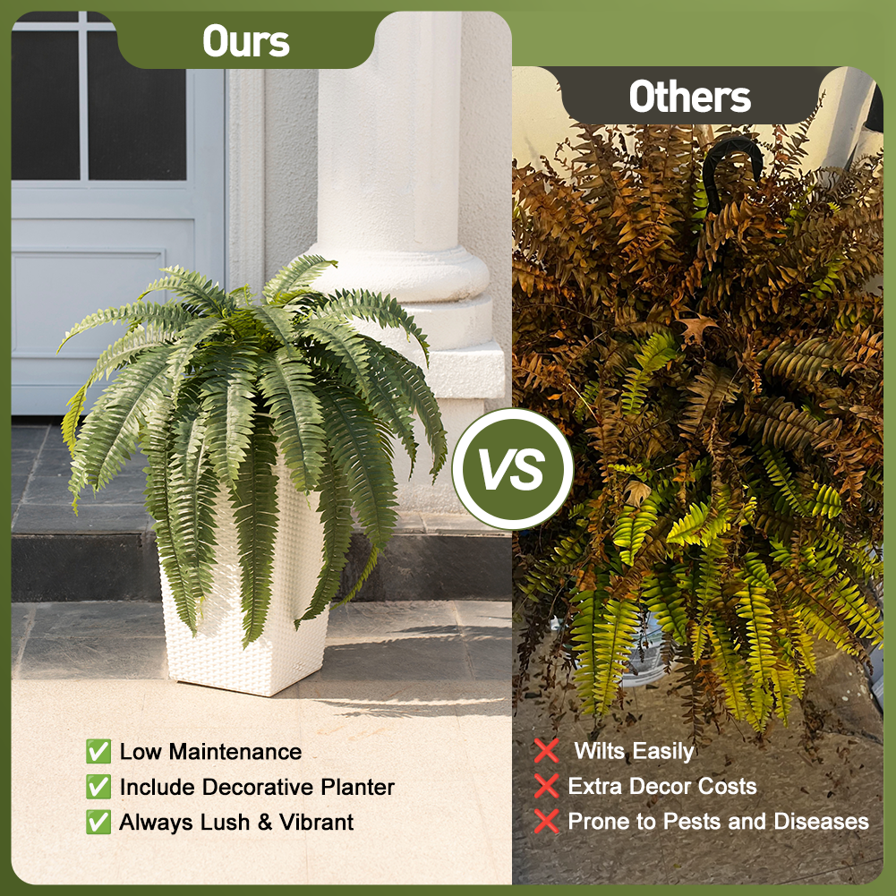VeriNatural 33/39 Fronds Artificial Boston Fern Bush with Black Taper Planter for Indoor & Outdoor (1/2-Pack)(VN153)