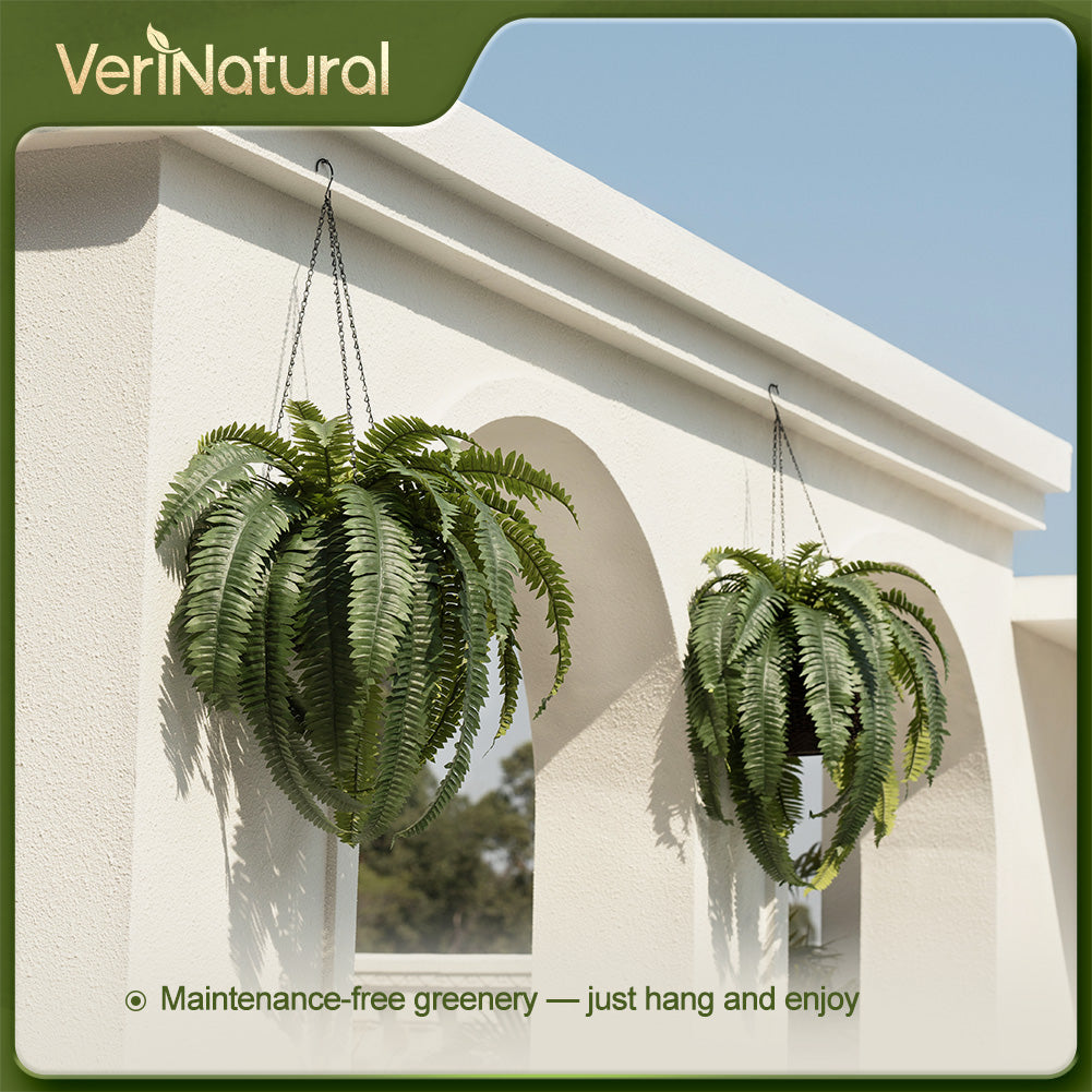 VeriNatural 33 Fronds UV Resistant Artificial Boston Fern Bush with Hanging Planter for Indoor & Outdoor (1/2-Pack)(VN142)