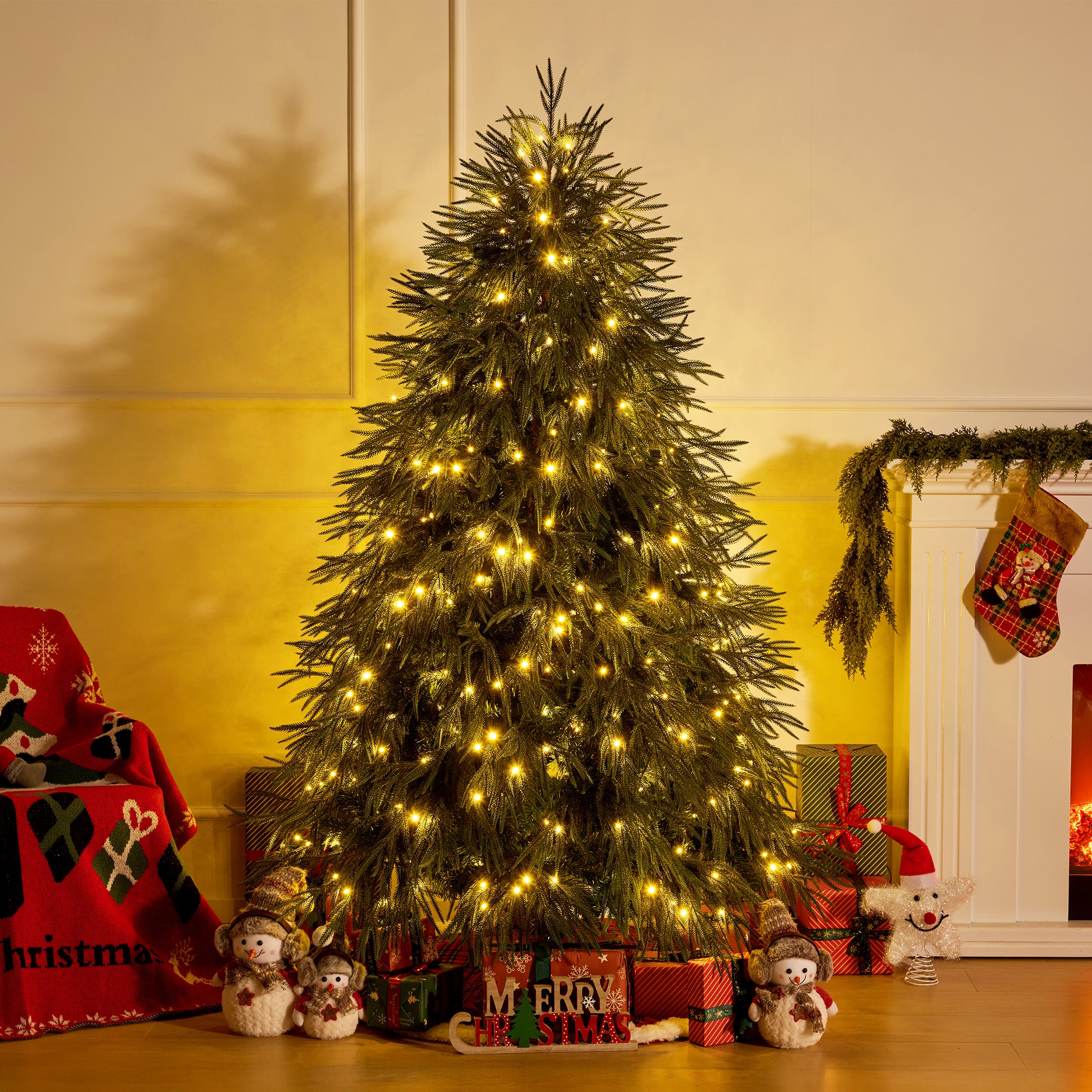 VeriNatural 4.4/6/7.4FT Pre-Lit Artificial Christmas Tree, Realistic Pine Tree with Warm White LED Lights, Lifelike PE Branches, Easy Setup Holiday Tree for Home, Office & Indoor Christmas Decoration